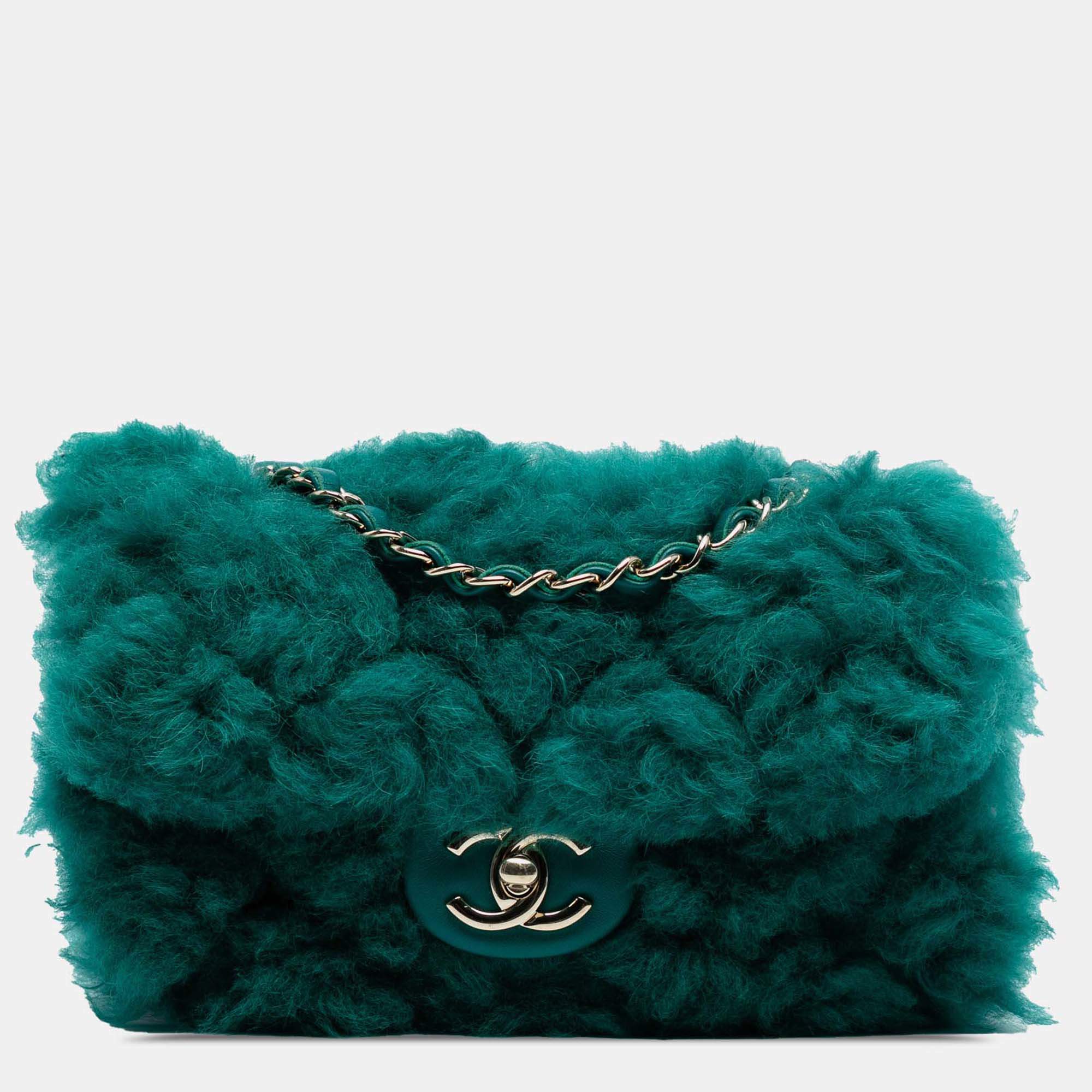 Pre Owned Chanel Green Small CC Shearling Single Flap