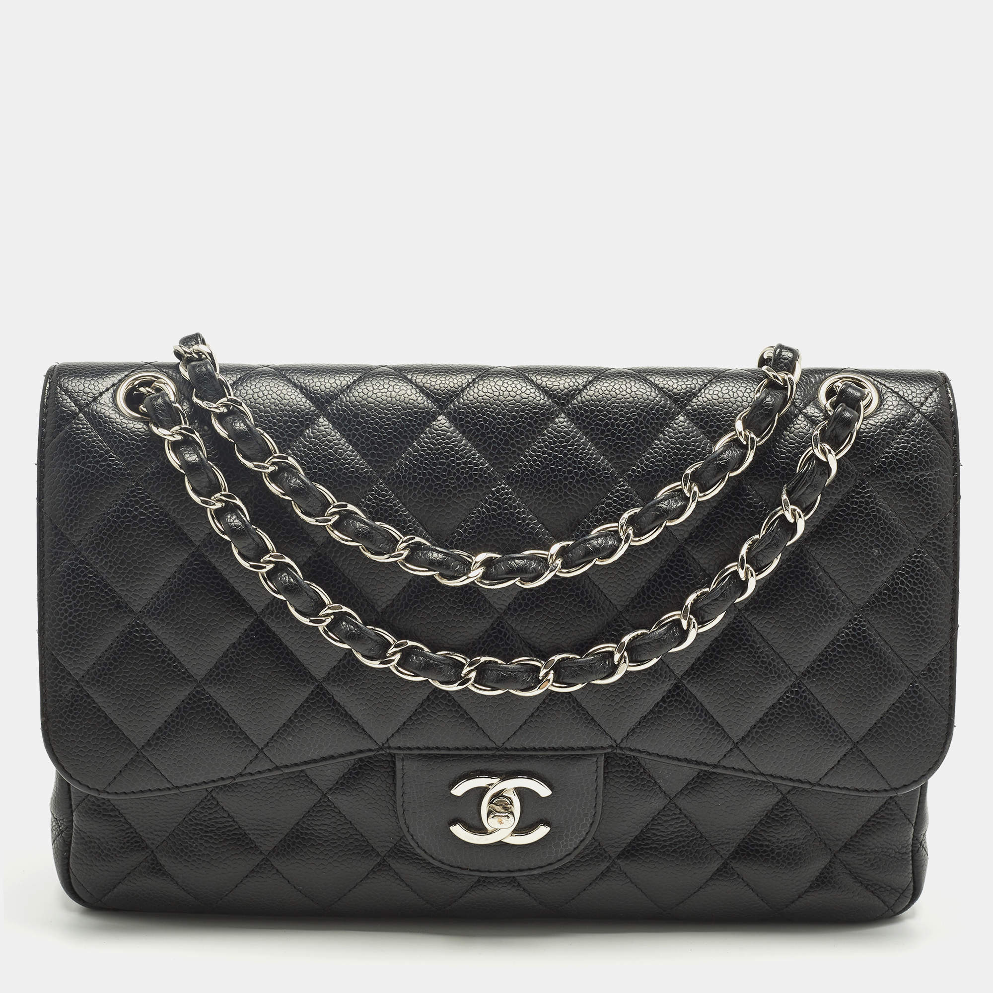 Pre Owned Chanel Black Quilted Caviar Leather Jumbo Classic Double Flap Bag