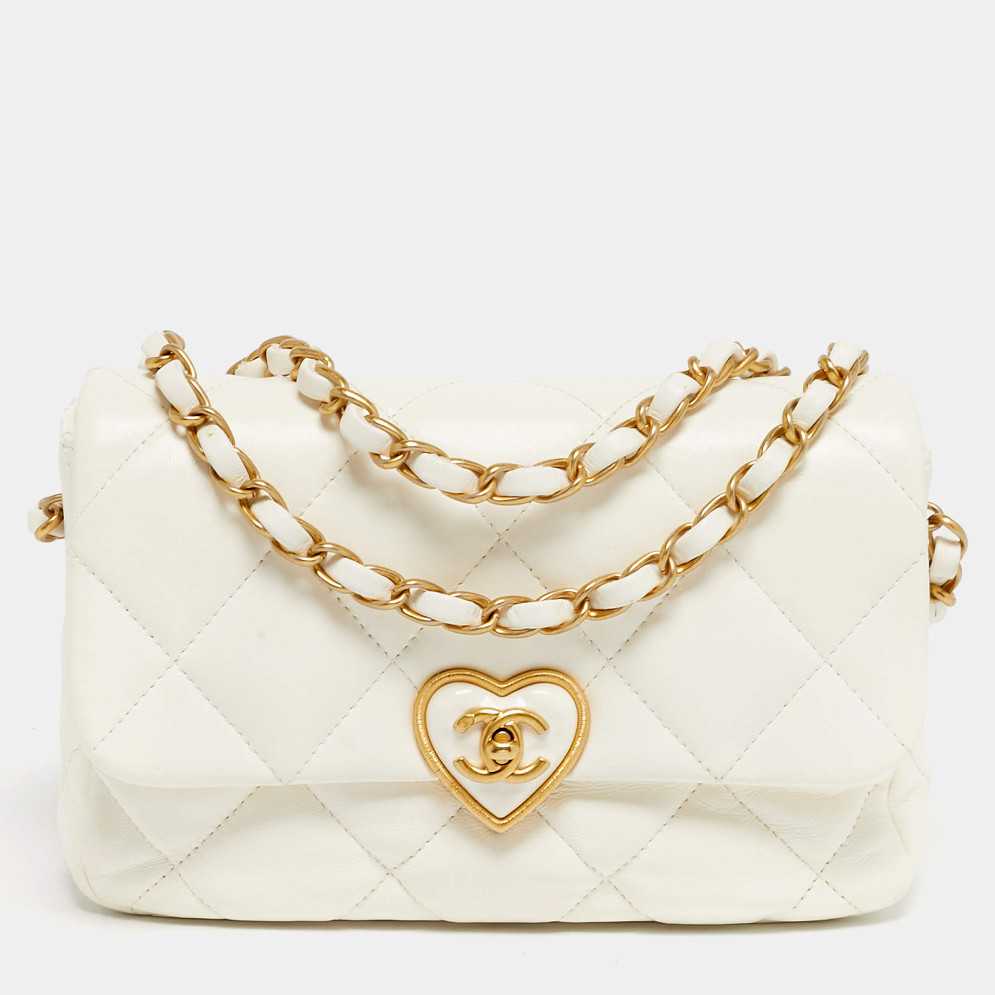 Pre Owned Chanel White Quilted Leather Small Coco Love Flap Bag