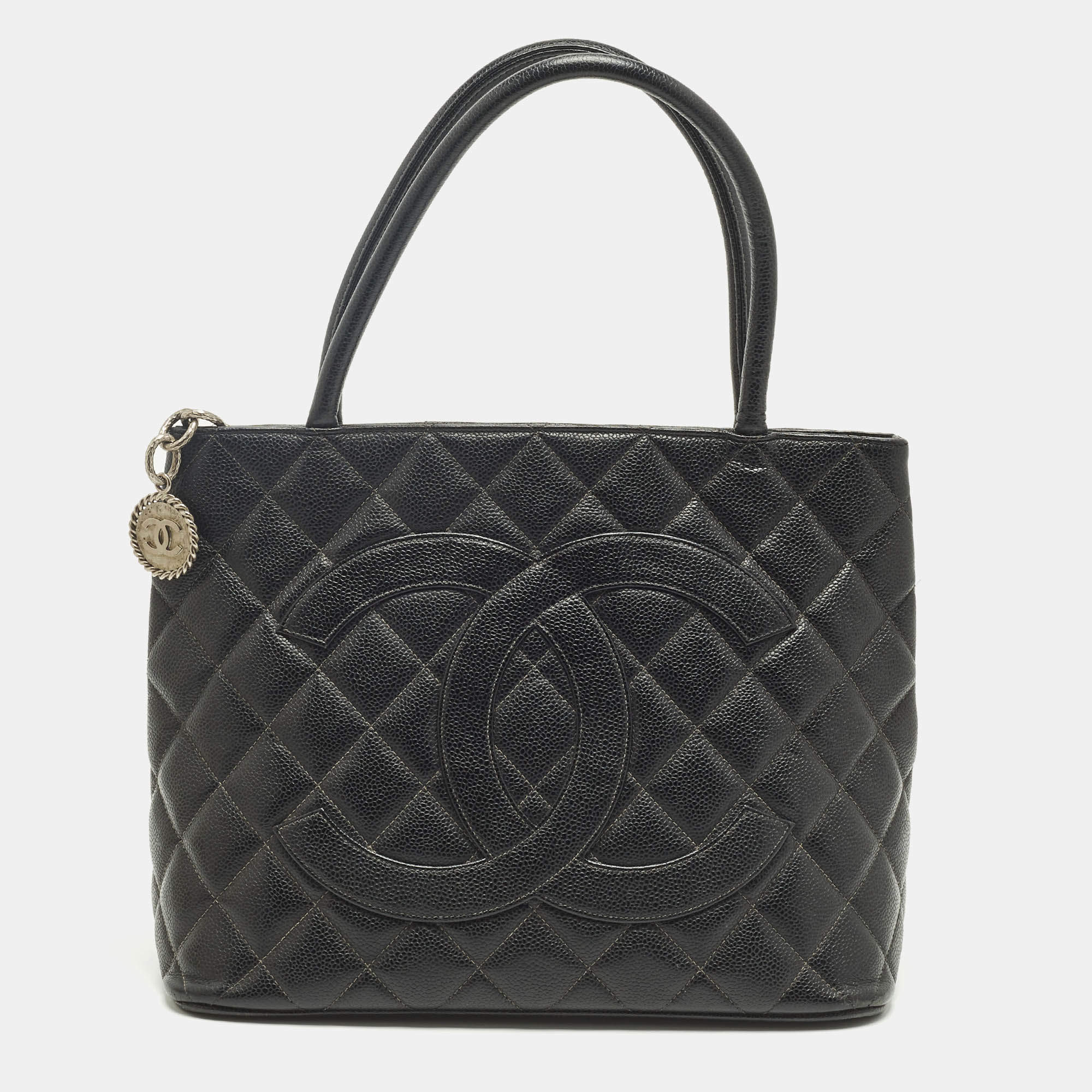 Pre Owned Chanel Black Quilted Caviar Leather Medallion Tote