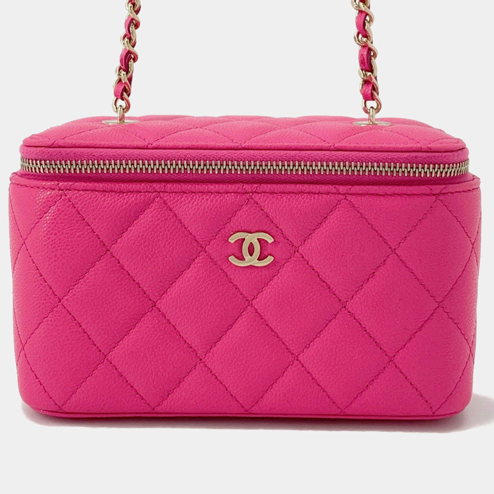 Pre Owned Chanel Matelasse Vanity Chain shoulder Bag Pink Caviar Leather Size Small