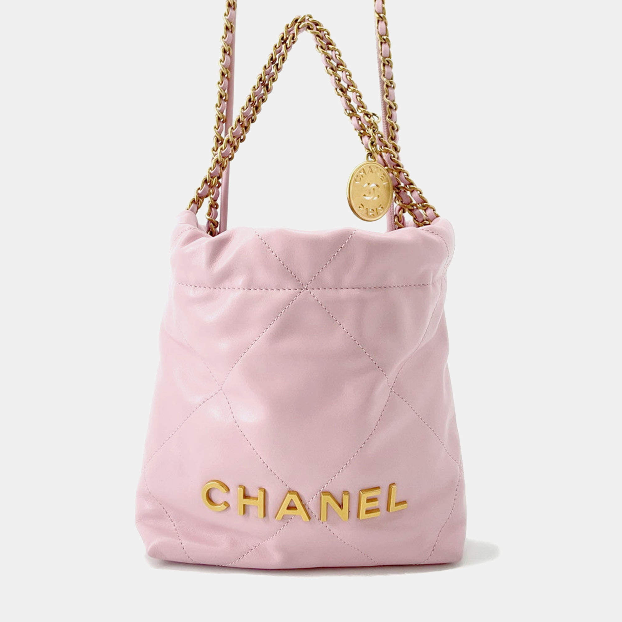 Pre Owned Chanel Chanel22 Chain shoulder Bag Pink Shiny Calf Leather Size Mini