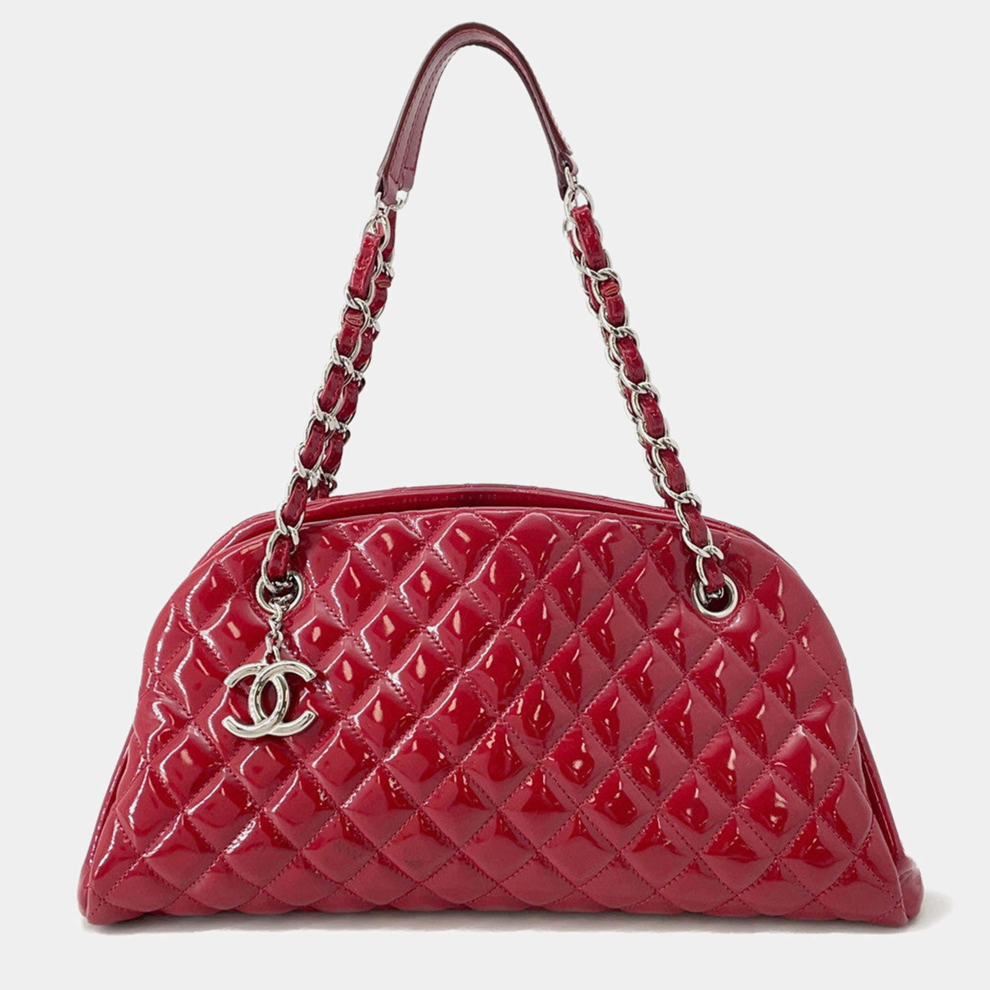 Pre Owned Chanel Matelasse Mademoiselle Chain Boring Shoulder Red Patent Leather
