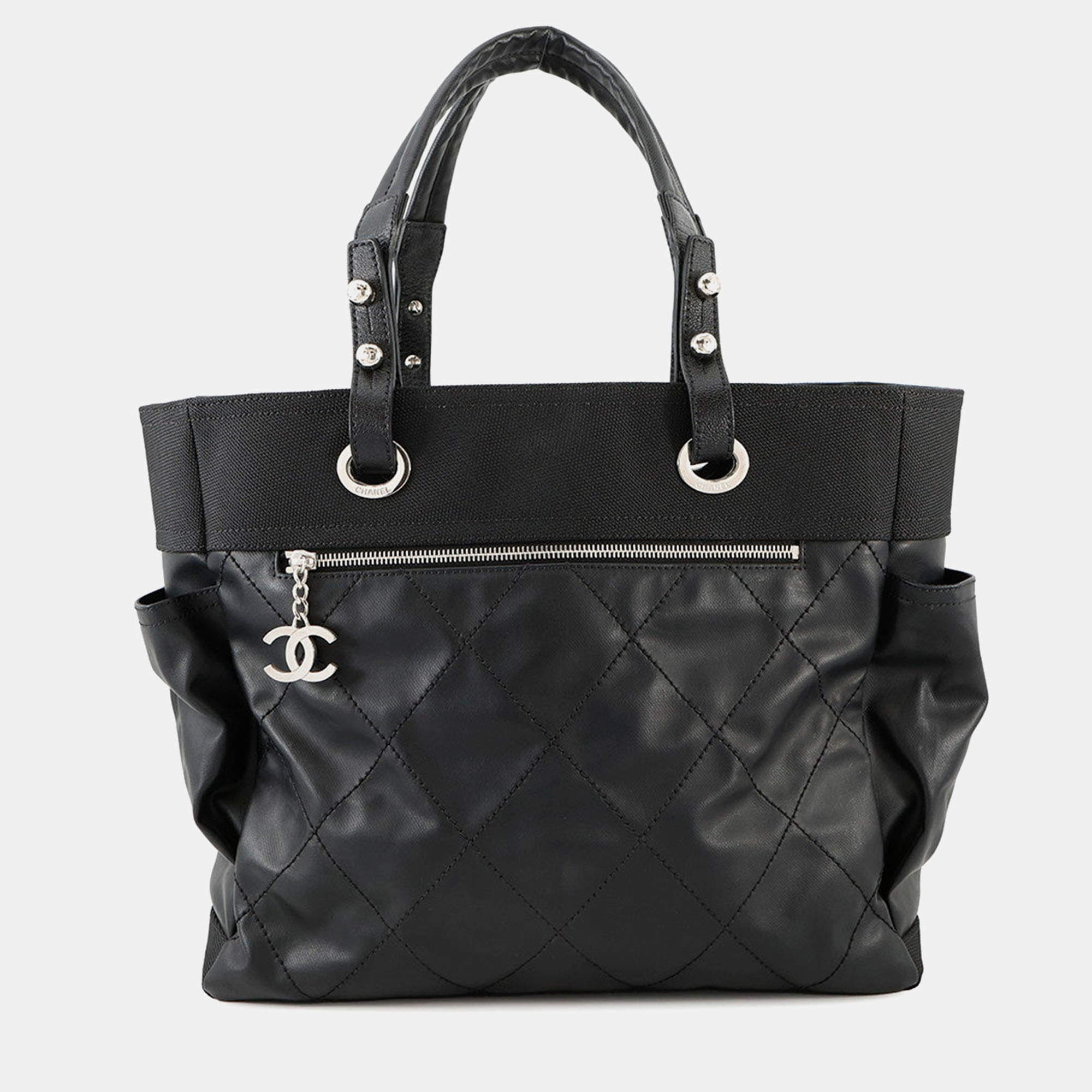 Pre Owned Chanel Paris-Biarritz Tote Bag Black Leather Canvas Size Gm