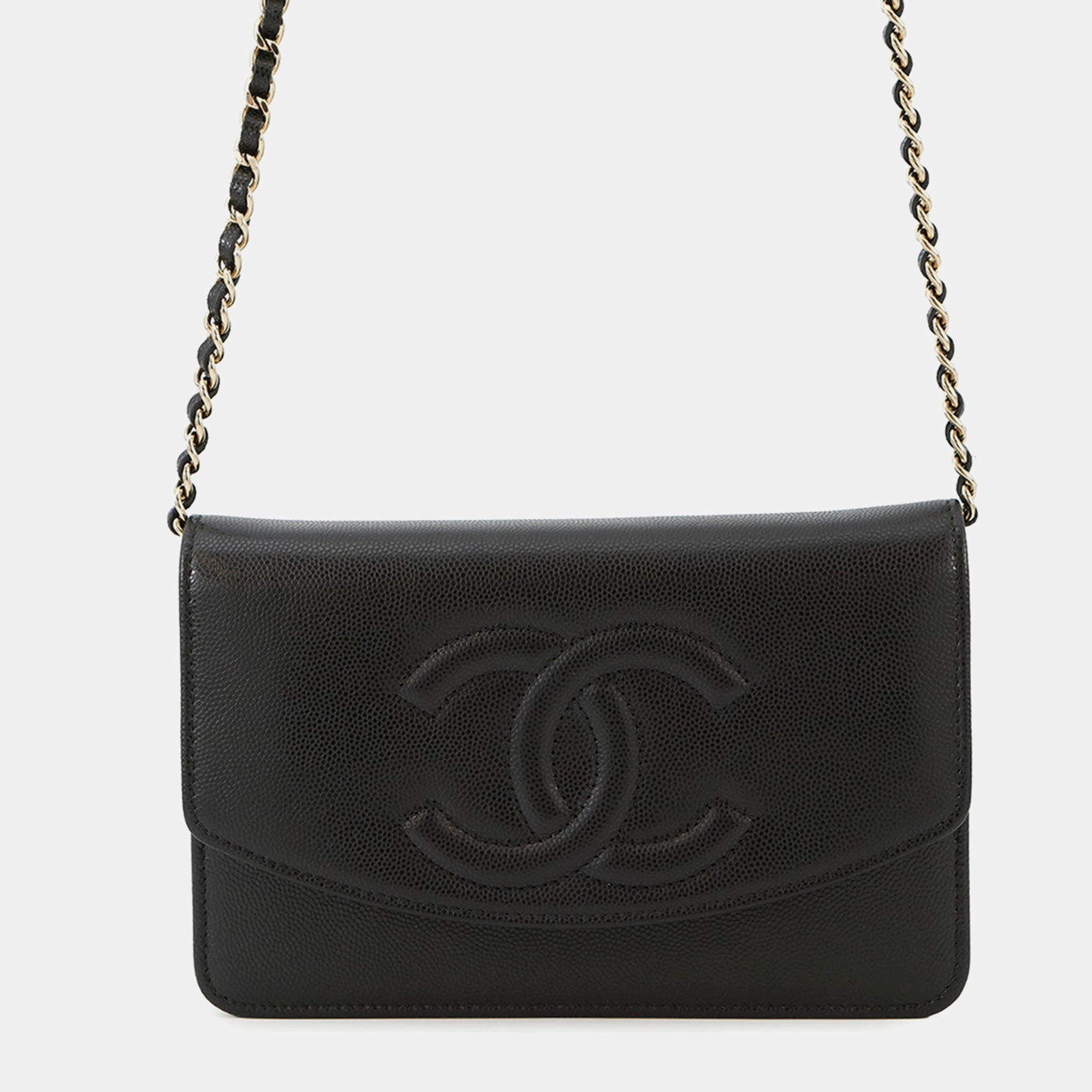 Pre Owned Chanel Chain Wallet Black Caviar Leather