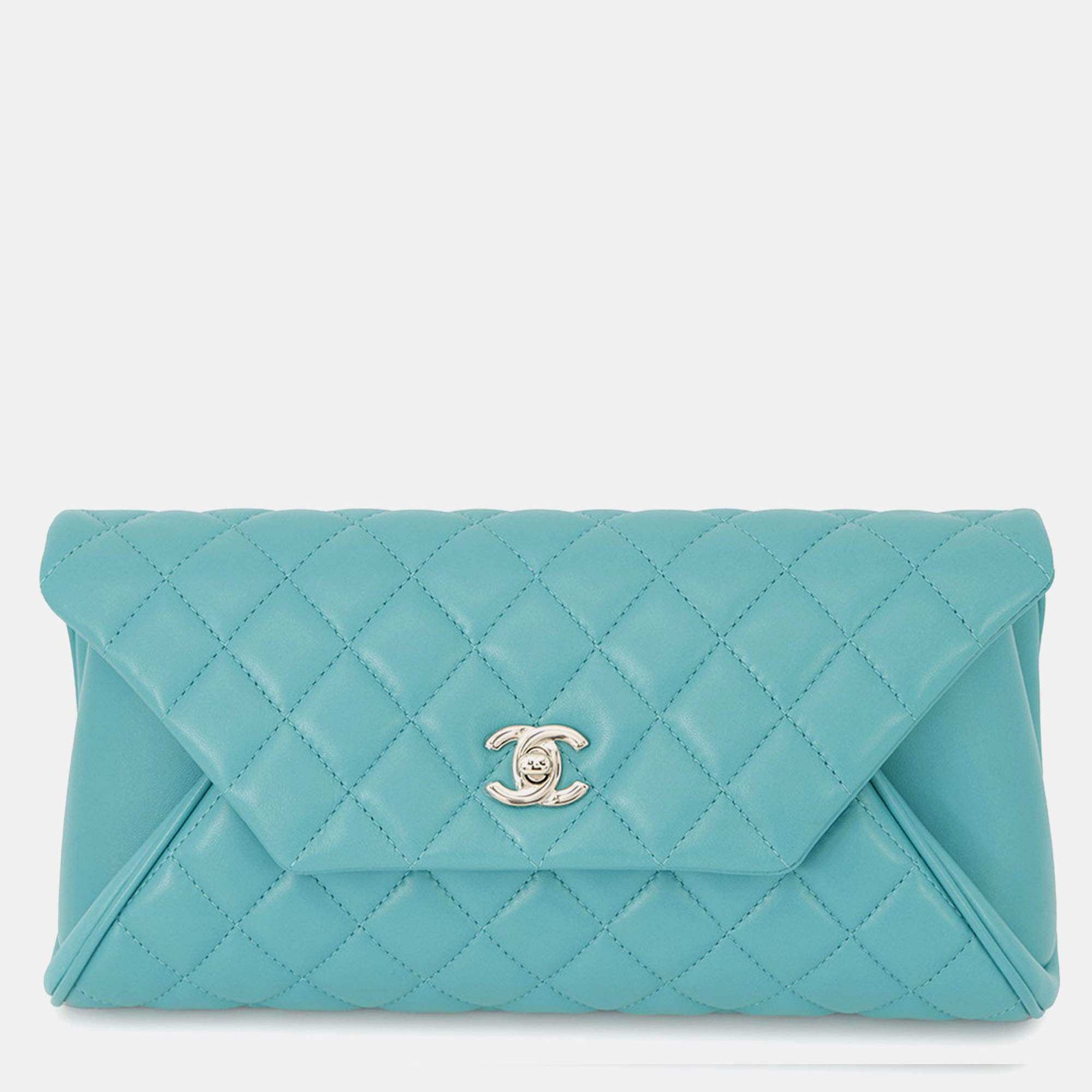 Pre Owned Chanel Matelasse Clutch Bag Turquoise Lambskin
