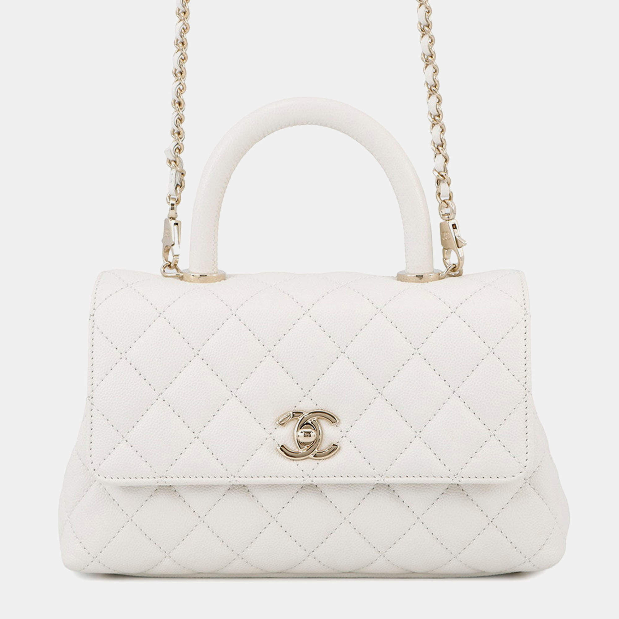 Pre Owned Chanel Coco Handle 2Way Handbag White Caviar Leather Size Xs