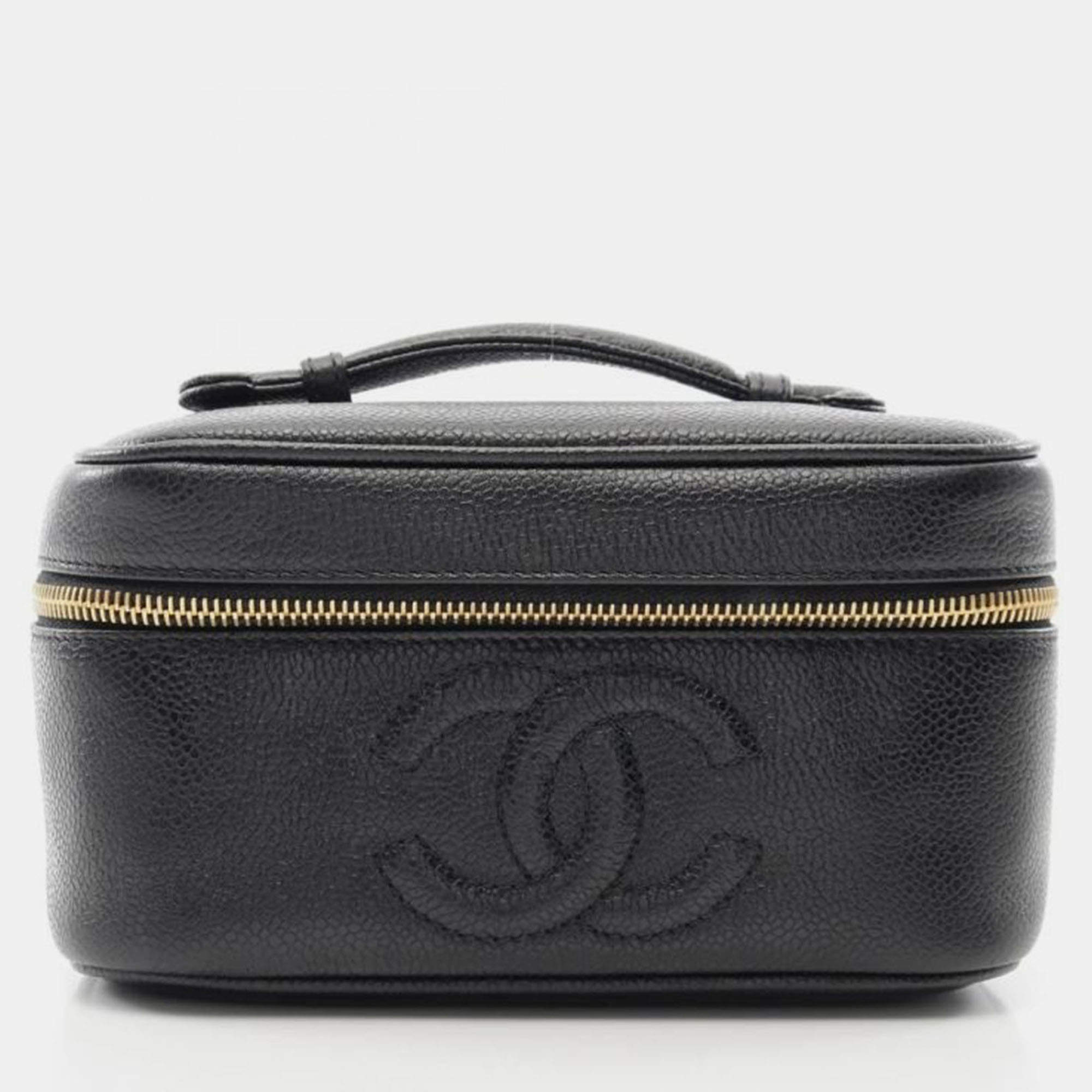 Pre Owned Chanel Coco Mark Vanity Handbag Leather Grained Calfskin Black