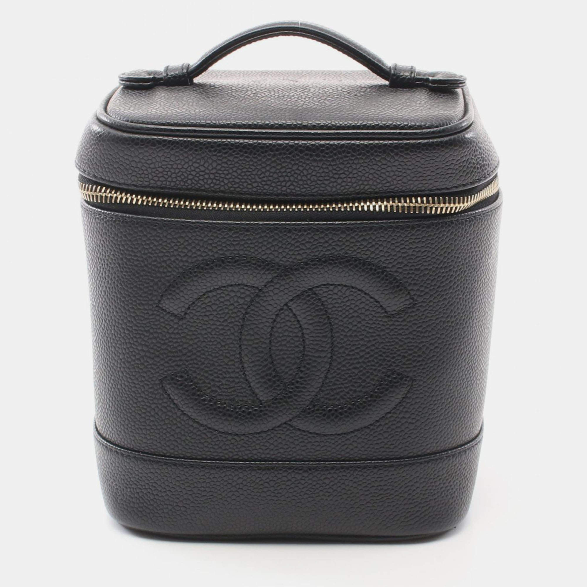 Pre Owned Chanel Coco Mark Hand Vertical Vanity Bag Leather Black