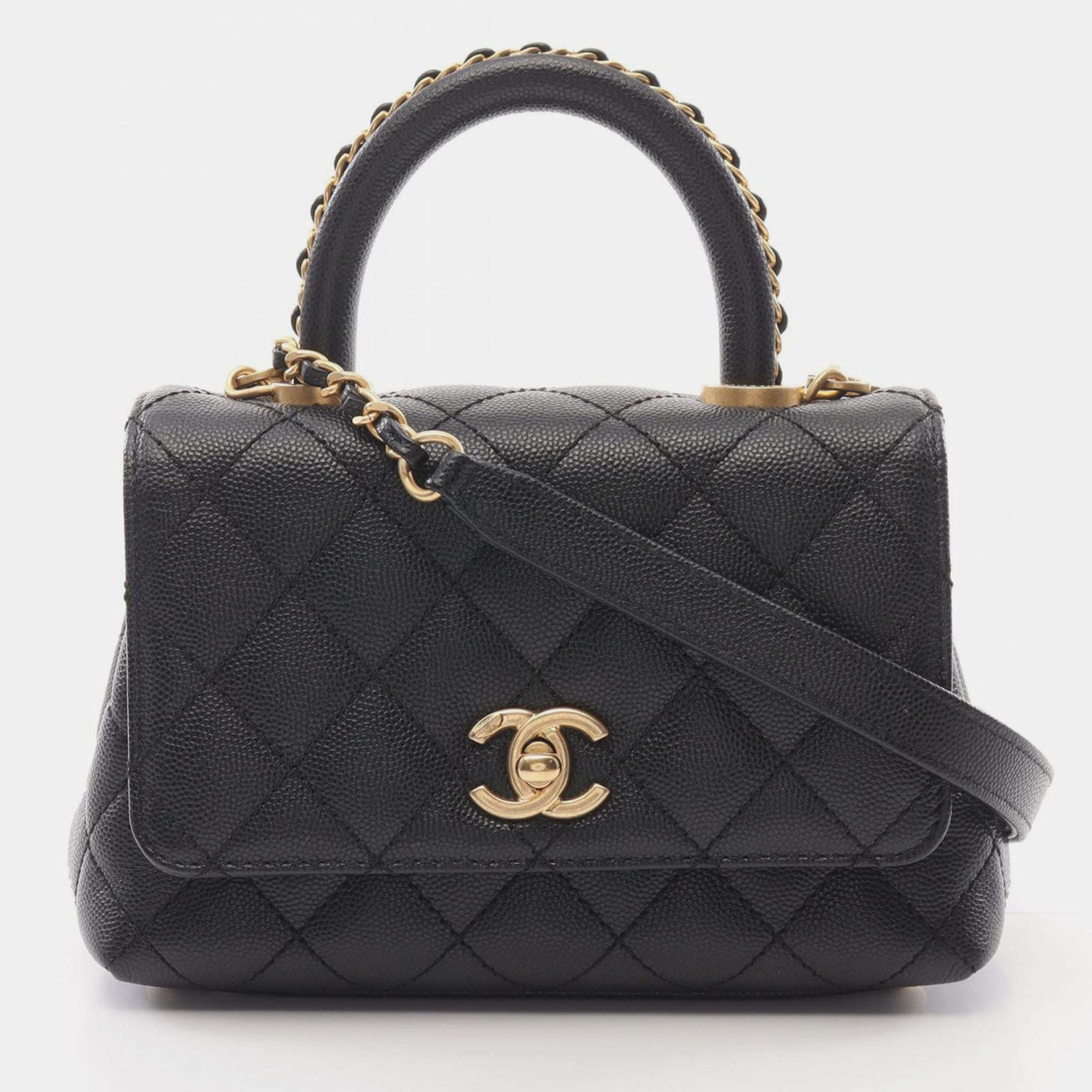 Pre Owned Chanel Coco Handle Xxs 2Way Handbag Grained Calfskin Black