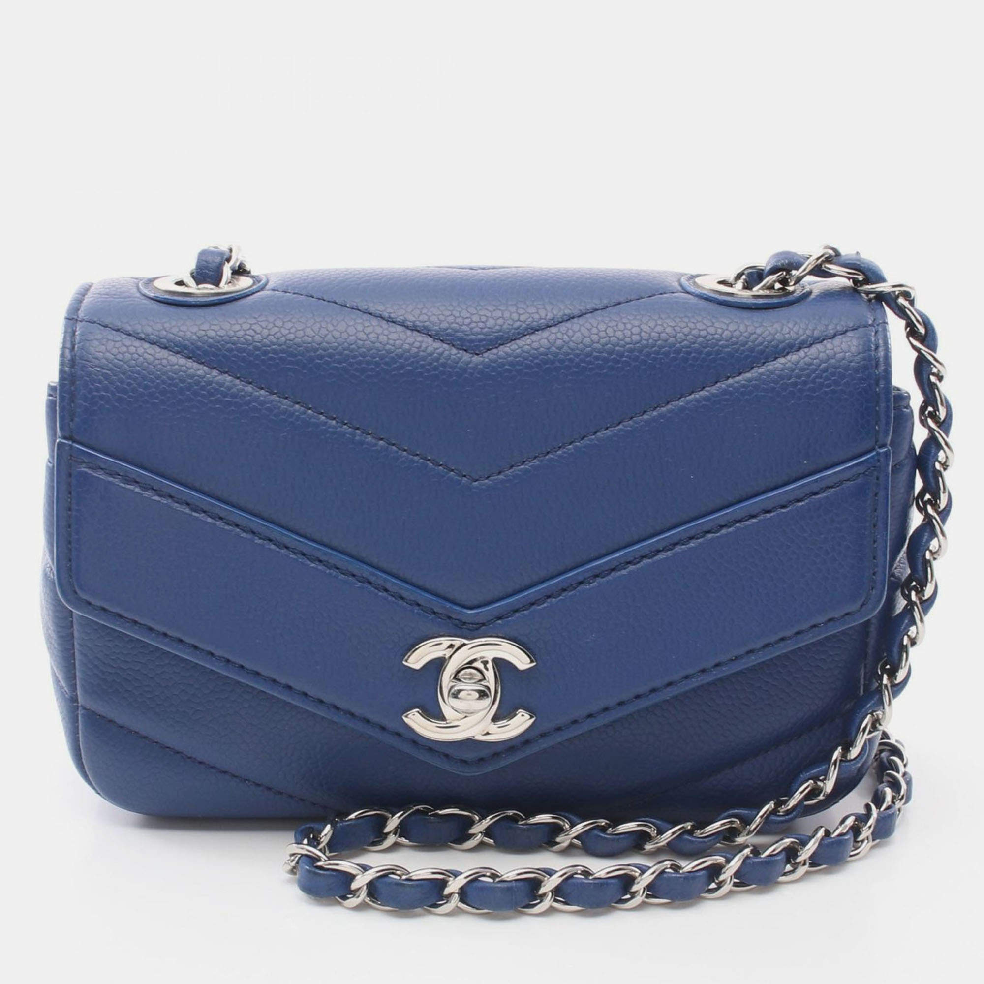 Pre Owned Chanel Chevron V Stitch Chain Shoulder Crossbody Bag Leather Blue