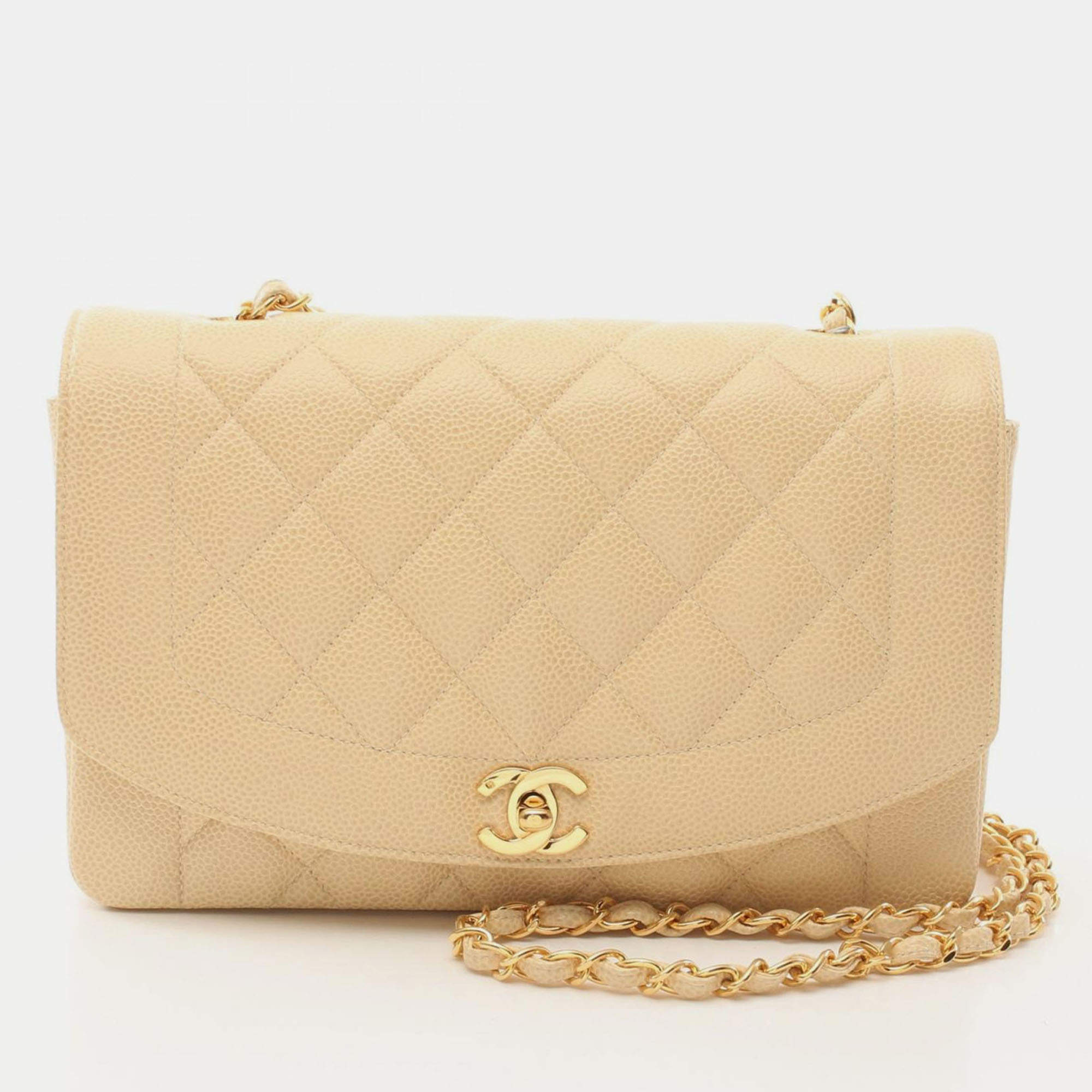 Pre Owned Chanel Matelasse Diana Flap Chain Shoulder Bag Leather Beige
