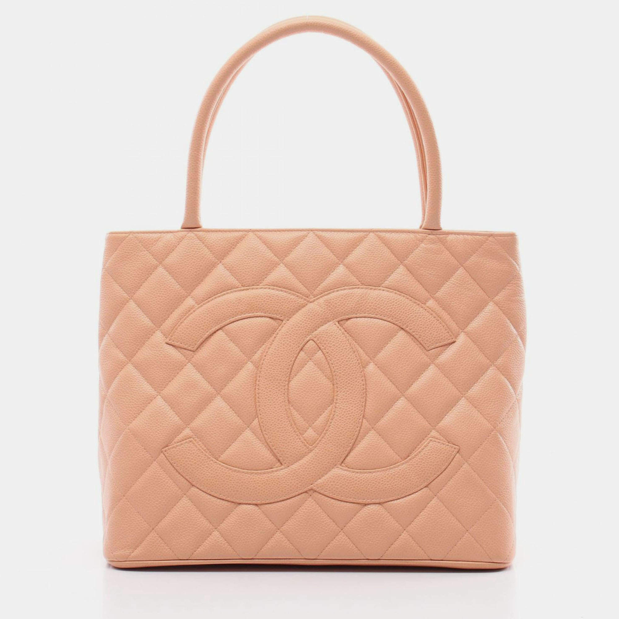 Pre Owned Chanel Medallion Tote Bag Leather Grained Calfskin Pink
