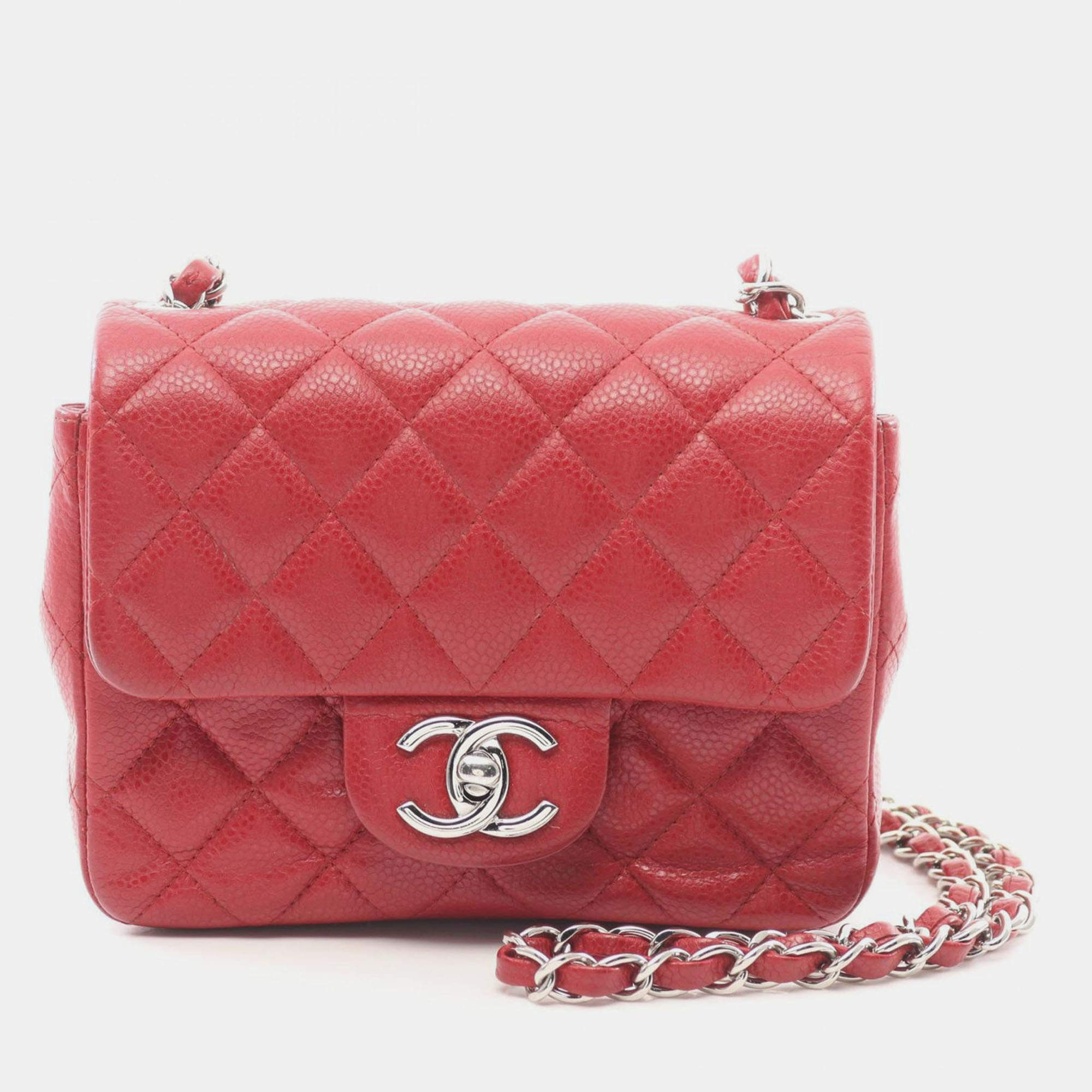 Pre Owned Chanel Mini Matelasse Shoulder Bag Grained Calfskin Red