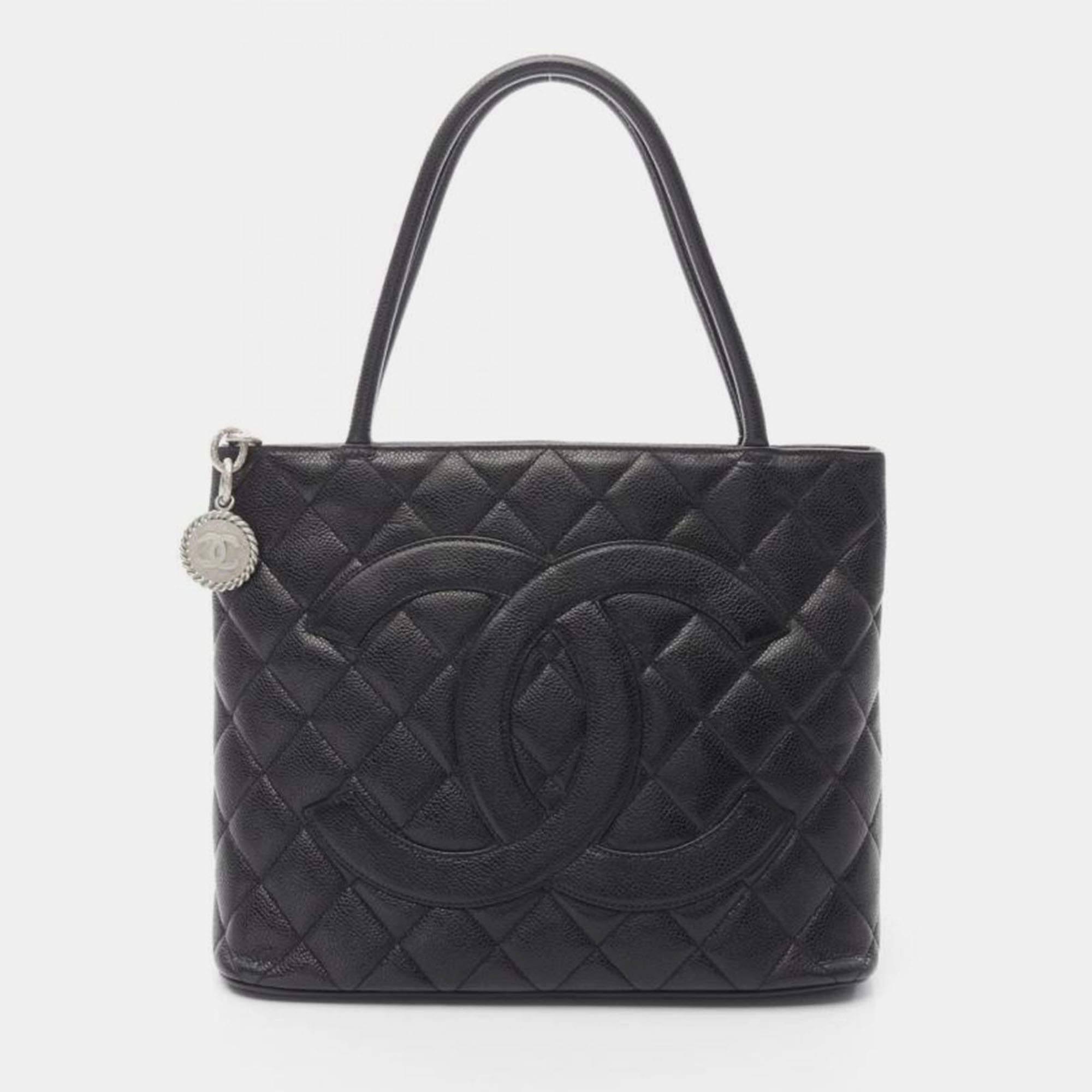 Pre Owned Chanel Medallion Tote Hand Bag Calfskin Leather Black