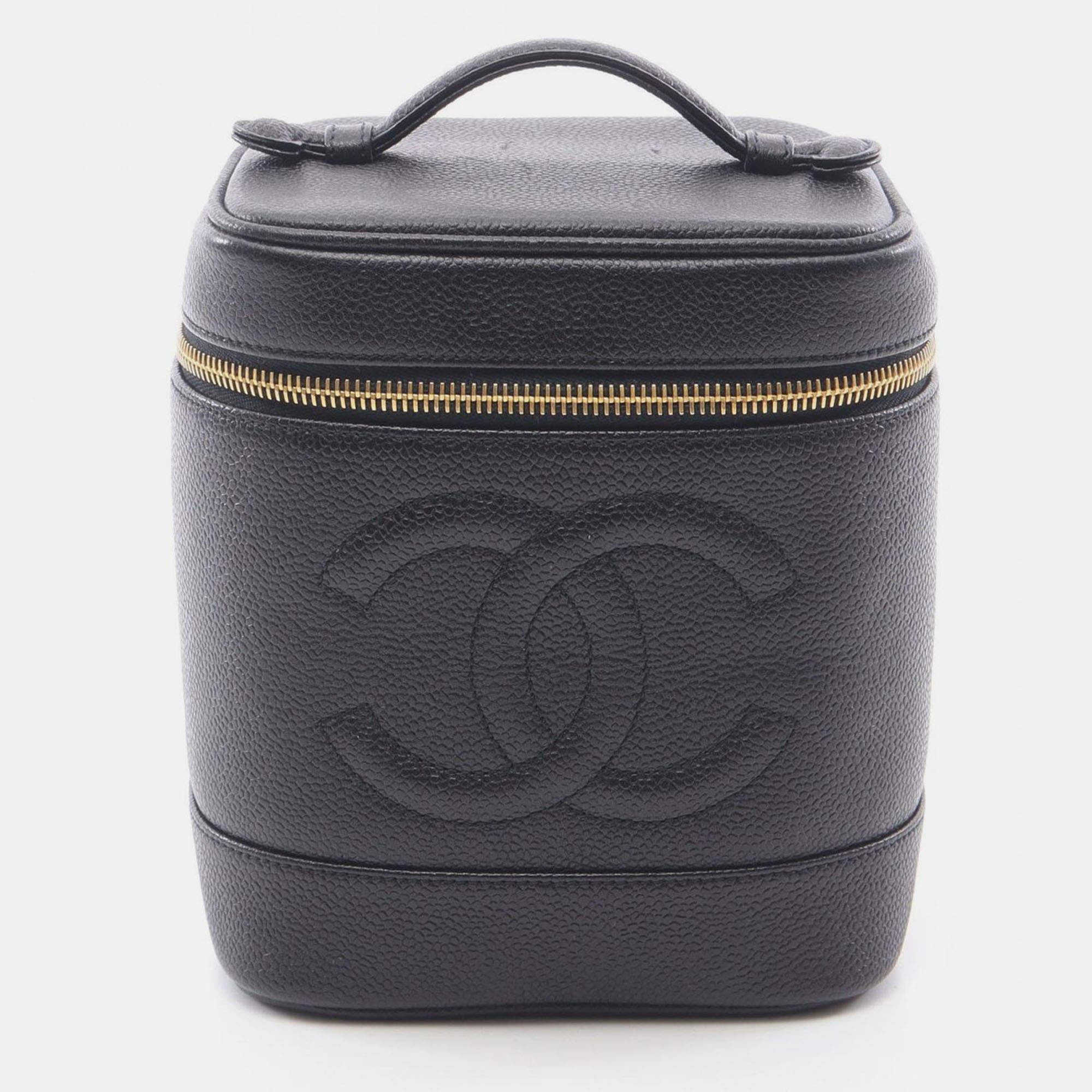 Pre Owned Chanel Coco Mark Hand Vertical Vanity Bag Calfskin Black