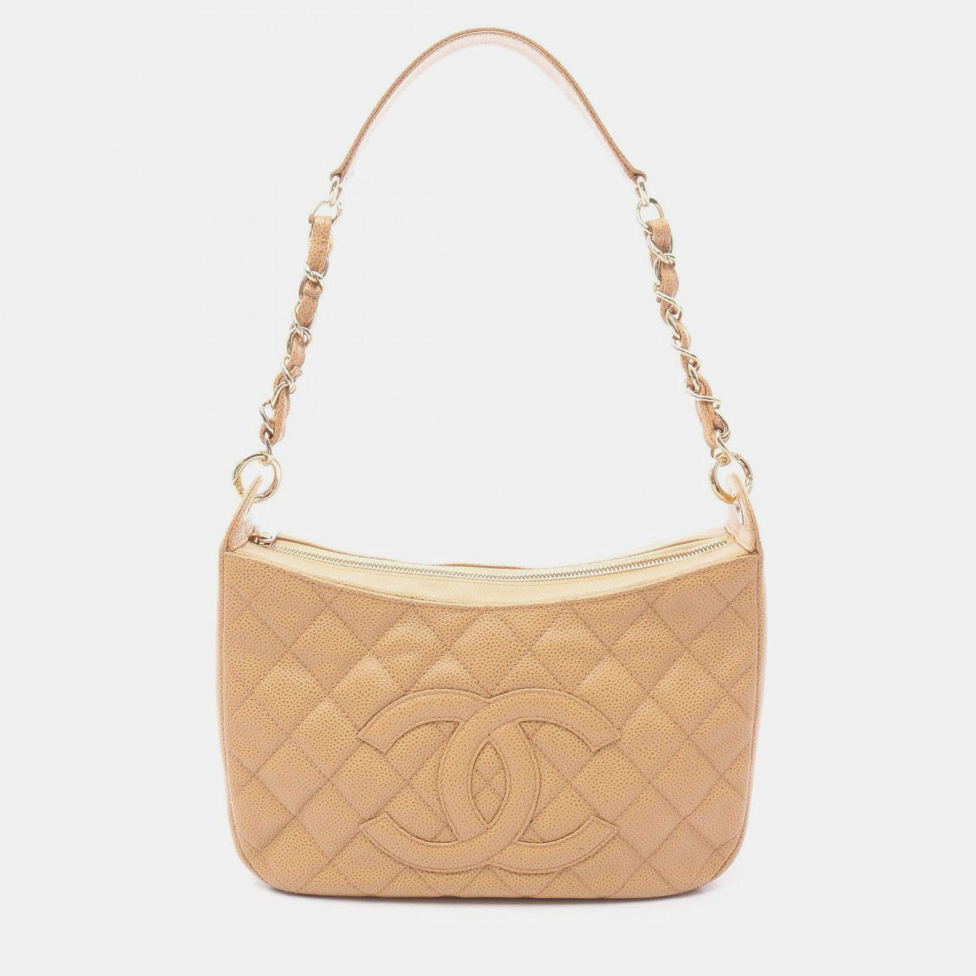 Pre Owned Chanel Matelasse Chain Shoulder Bag Calfskin Beige