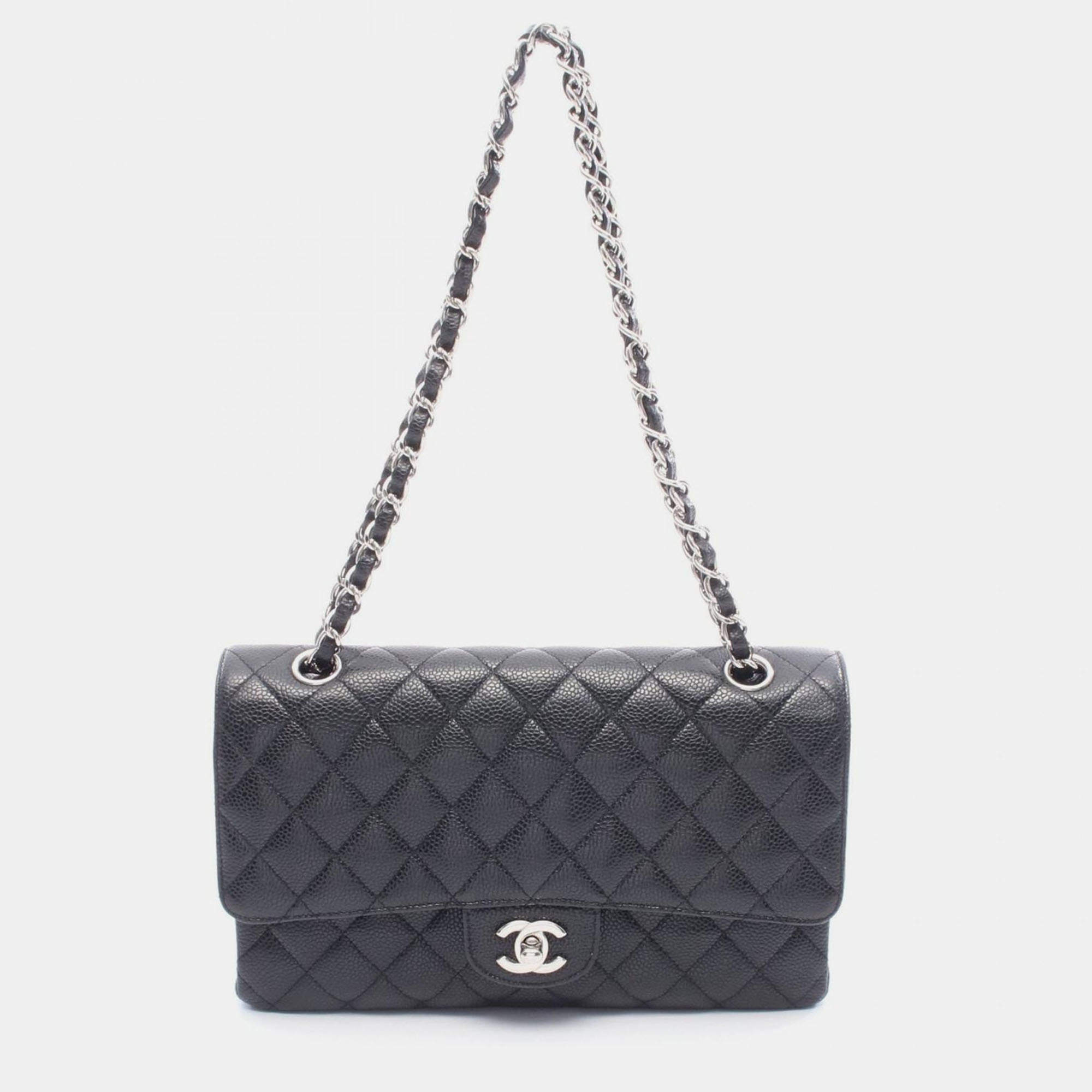 Pre Owned Chanel Matelasse Black Calfskin Duoble Flap Chain Shoulder Bag 