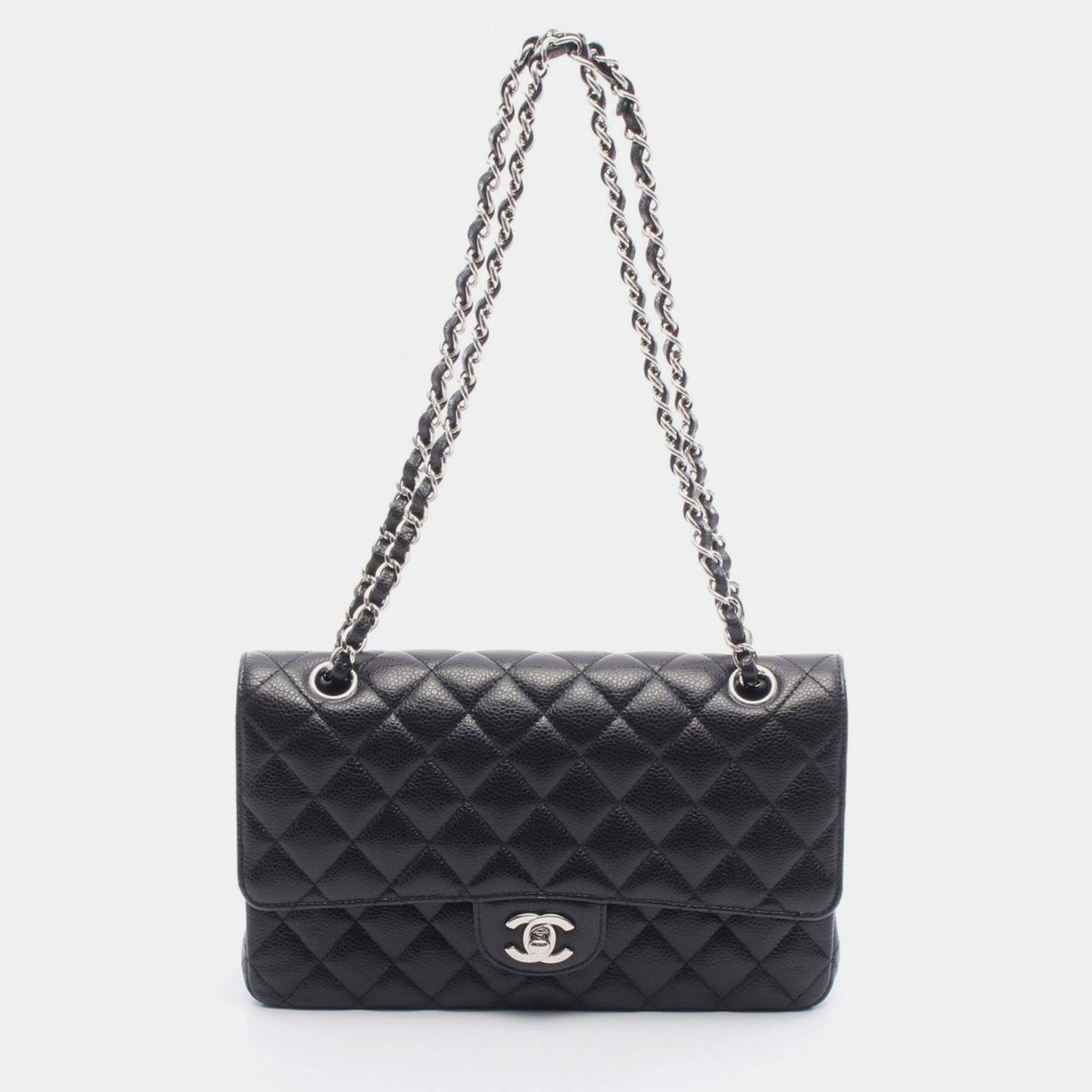 Pre Owned Chanel Matelasse W Flap Chain Shoulder Bag Calf Leather Black