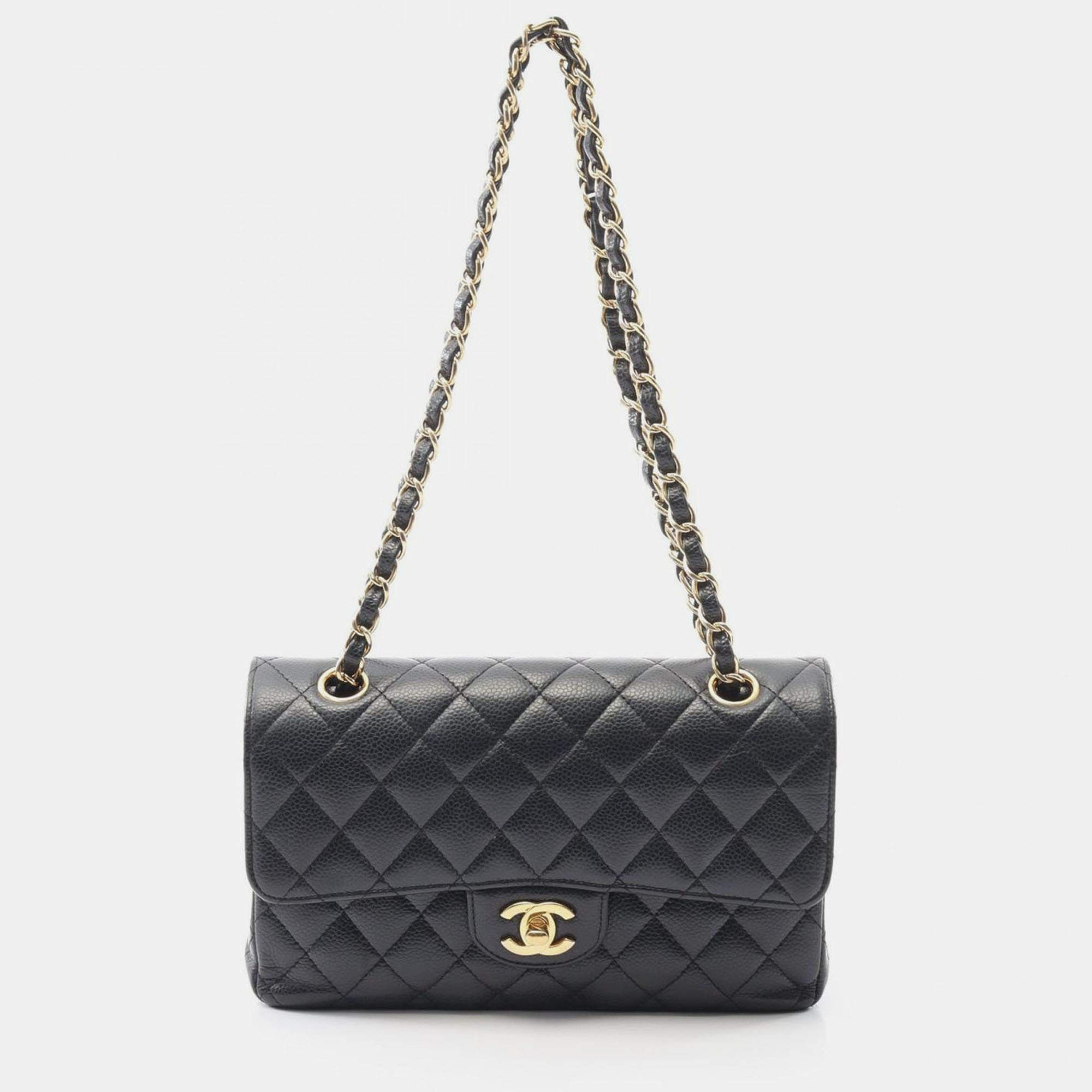 Pre Owned Chanel Matelasse W Flap Chain Shoulder Bag Calf Leather Black