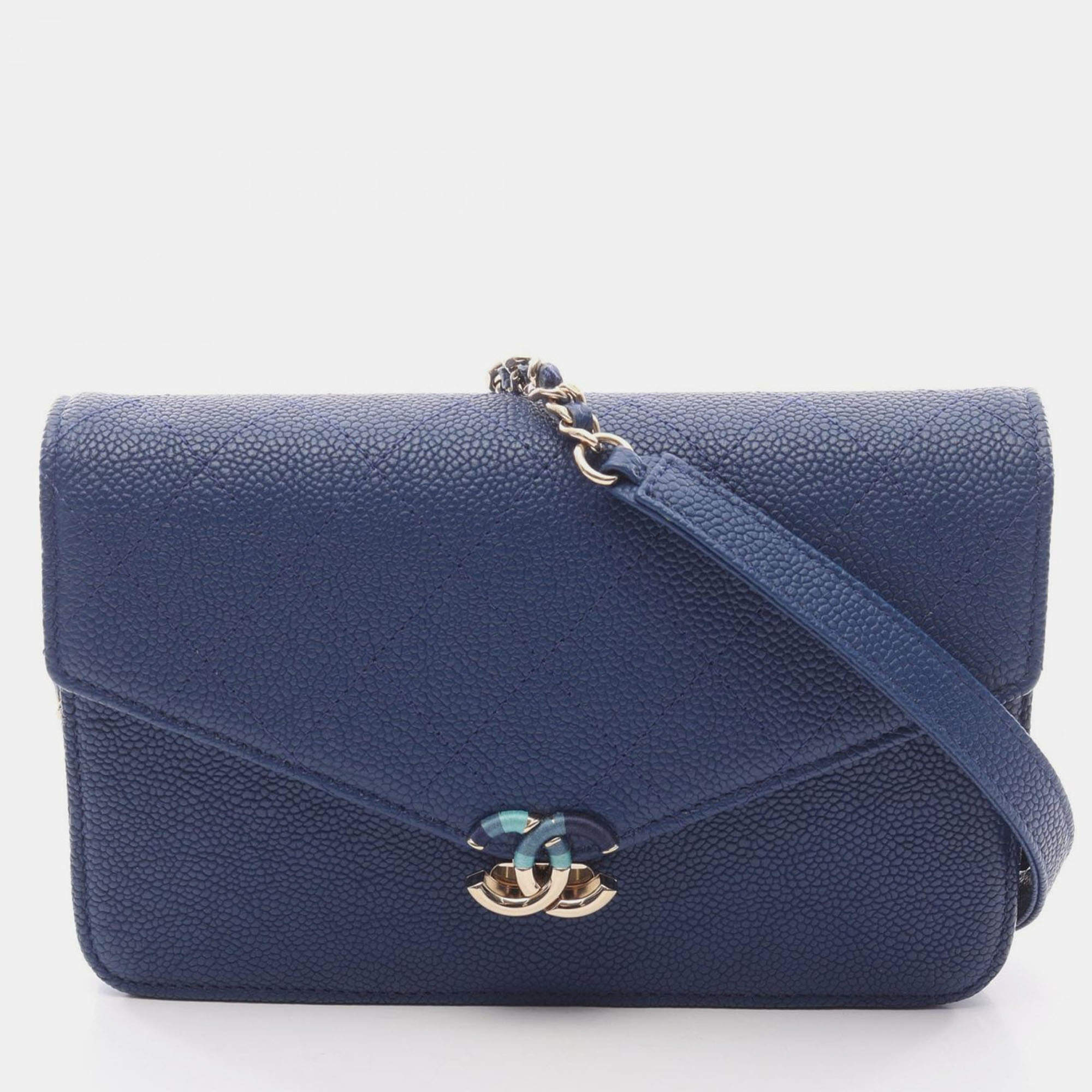 Pre Owned Chanel Matelasse Half Coco Chain Shoulder Crossbody Calf Leather Blue