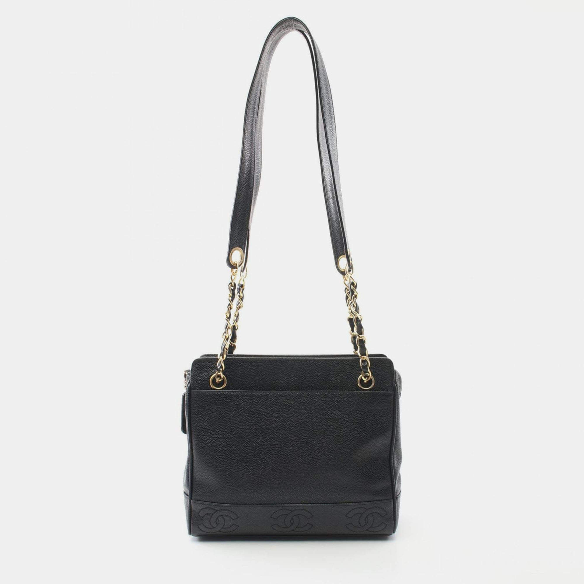 Pre Owned Chanel Triple Coco Tote Chain Shoulder Bag Leather Black