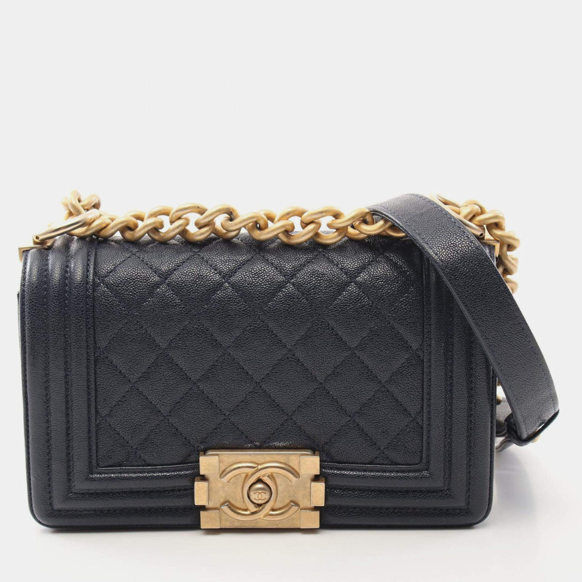 Pre Owned Chanel Boy Chanel Small Chain Shoulder Bag Leather Navy
