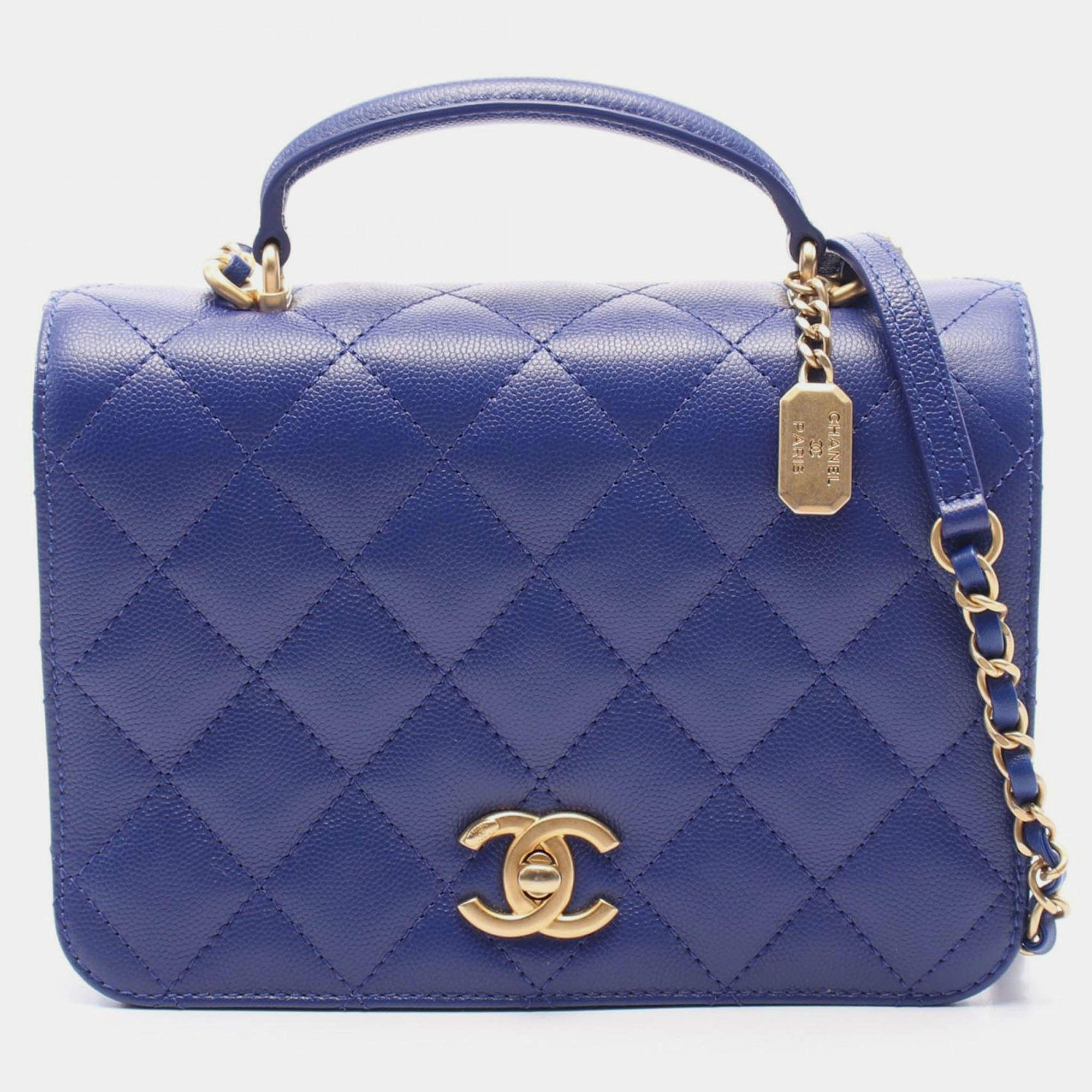 Pre Owned Chanel Matelasse 2Way Hand Shoulder Bag Leather Grained Calfskin Blue
