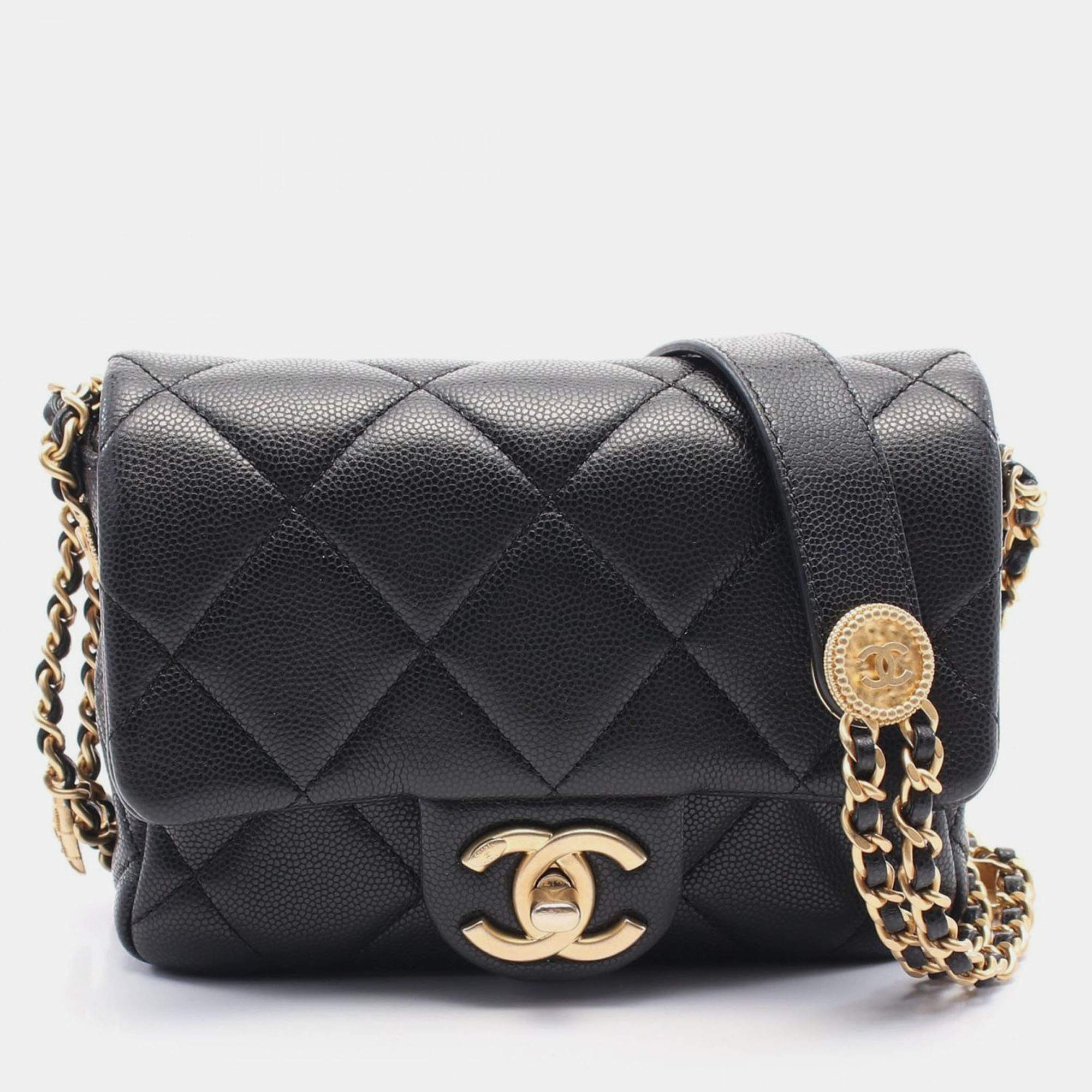 Pre Owned Chanel Matelasse Mini Flap Chain Shoulder Bag Leather Black