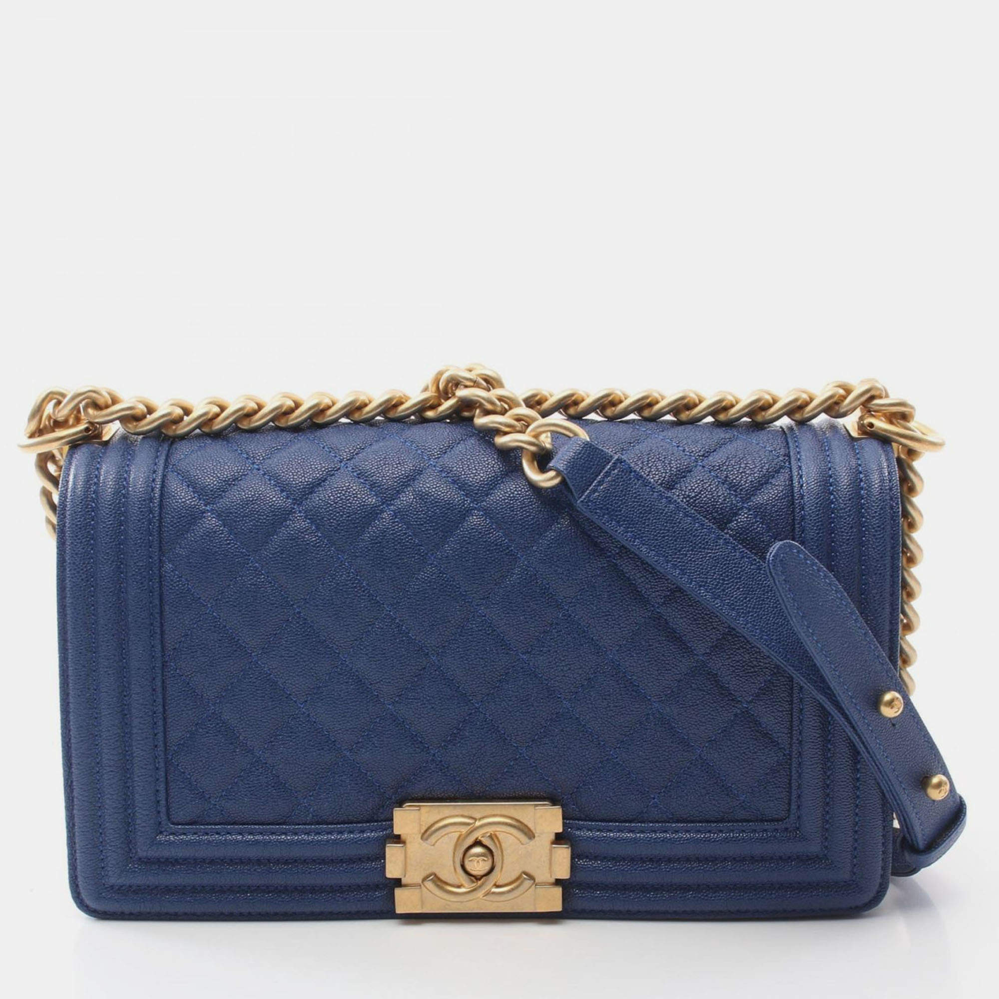 Pre Owned Chanel Boy Chanel Shoulder Bag Leather Grained Calfskin Blue