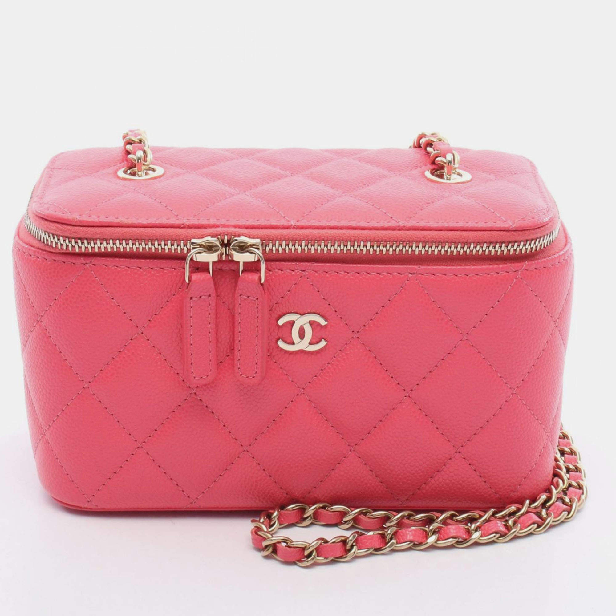 Pre Owned Chanel Matelasse Vanity Chain Shoulder Bag Calfskin Pink