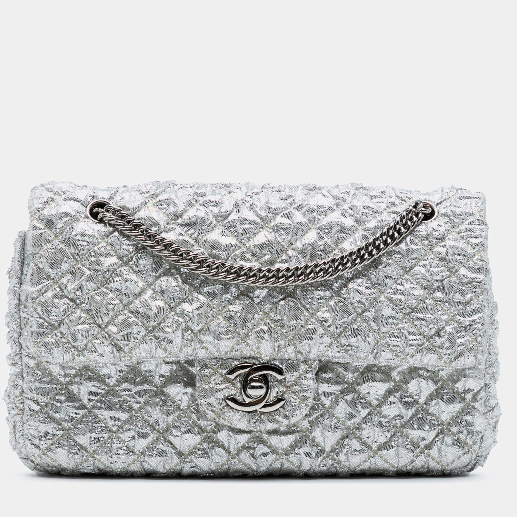 مملوكة مسبقًا Chanel Silver Small Classic Metallic Lame Bijoux Chain Double Flap