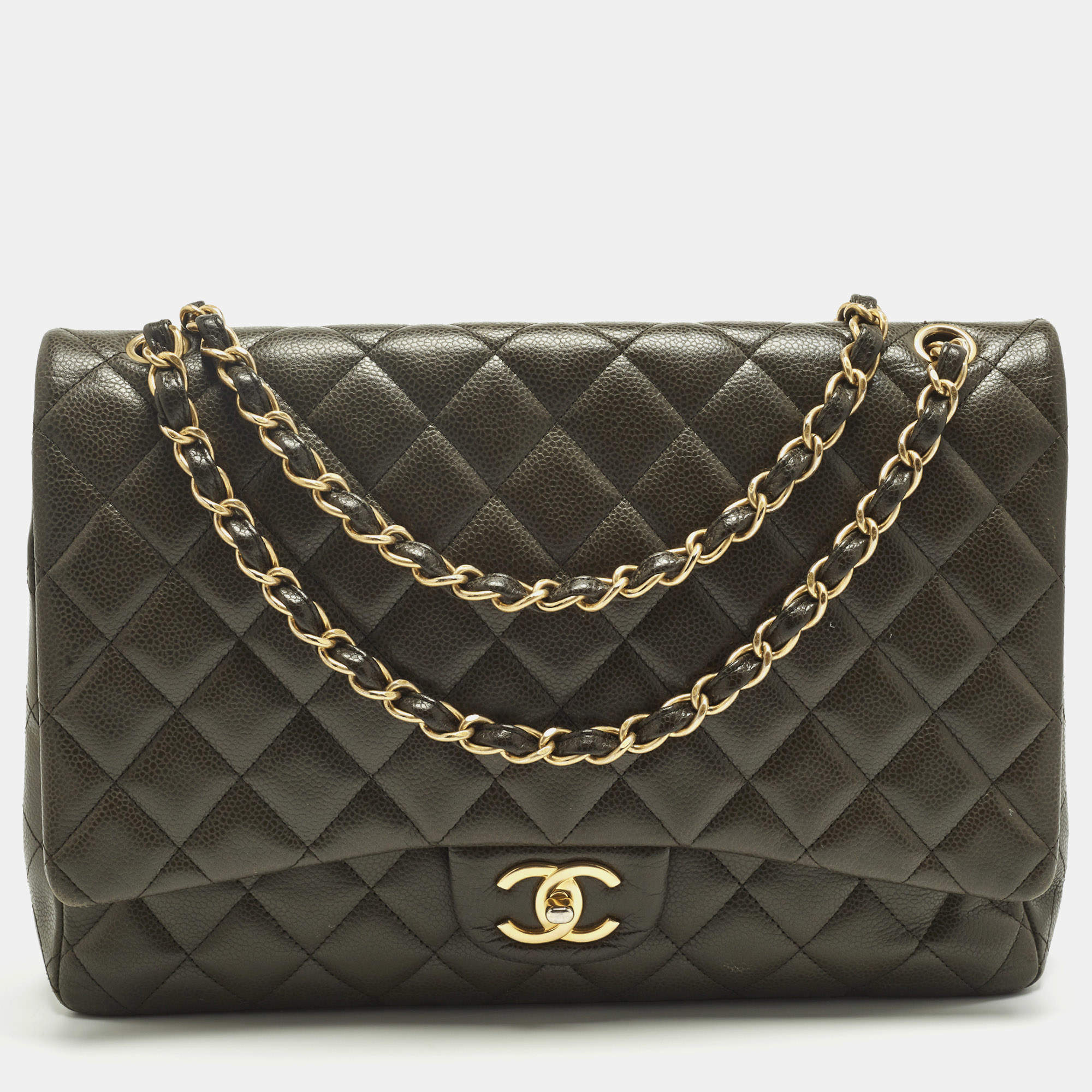 Pre Owned Chanel Classic Double Flap Maxi Green Quilted Caviar Leather Bag
