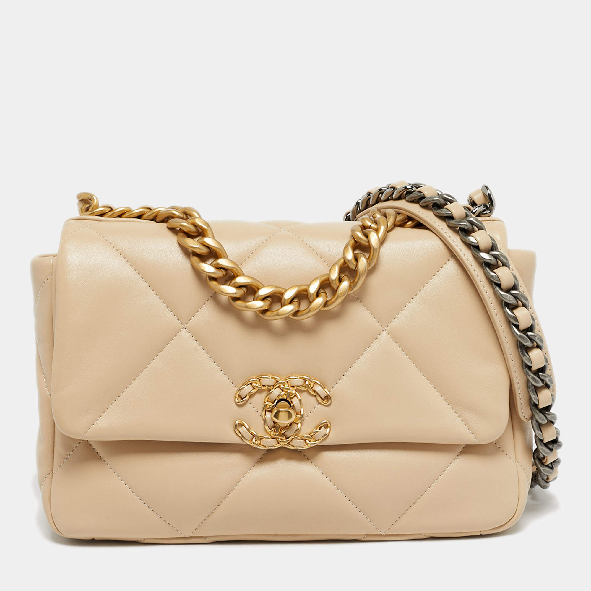 Pre Owned Chanel 19 Small Beige Quilted Leather Flap Bag