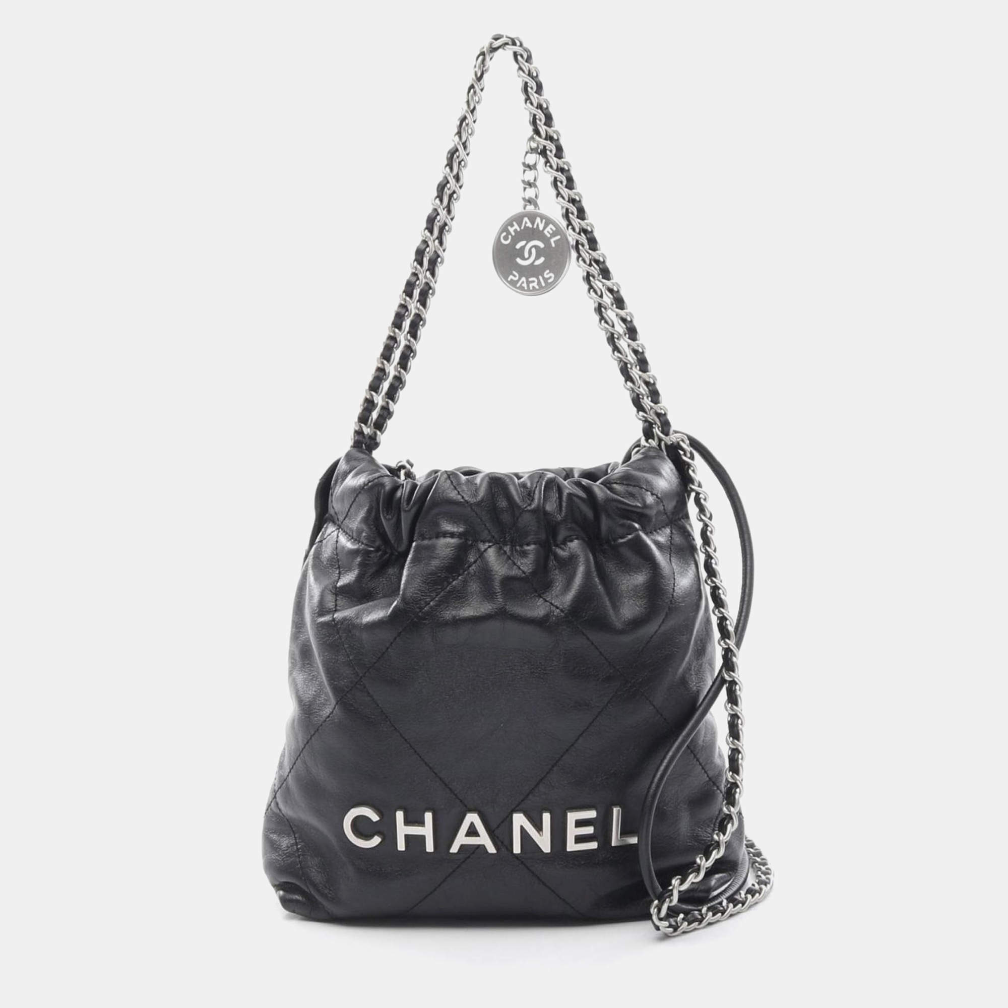 Pre Owned Chanel 22 Mini Black Leather Shoulder Bag