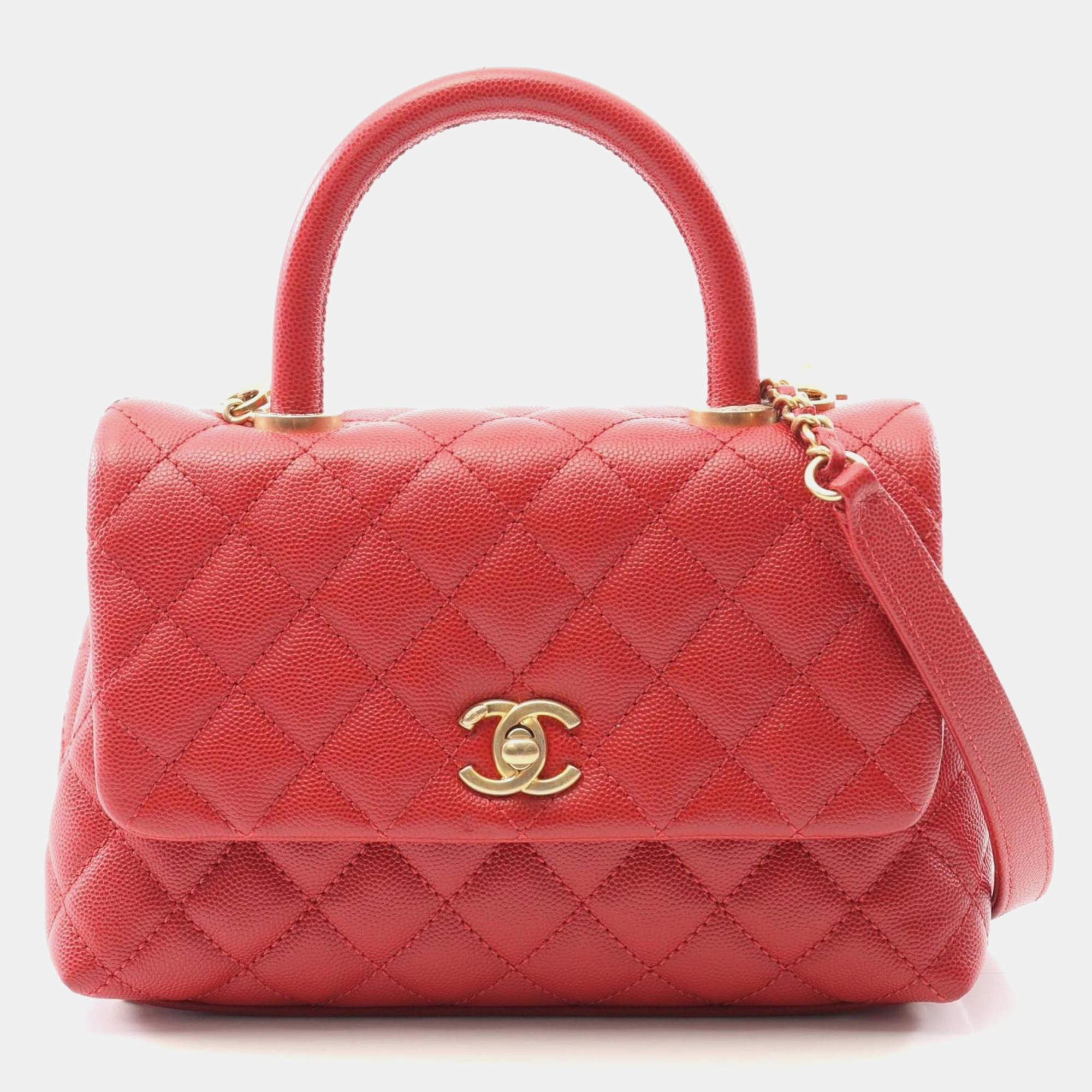 Pre Owned Chanel Matelasse Coco Handle Flap Red Calfskin Handbag