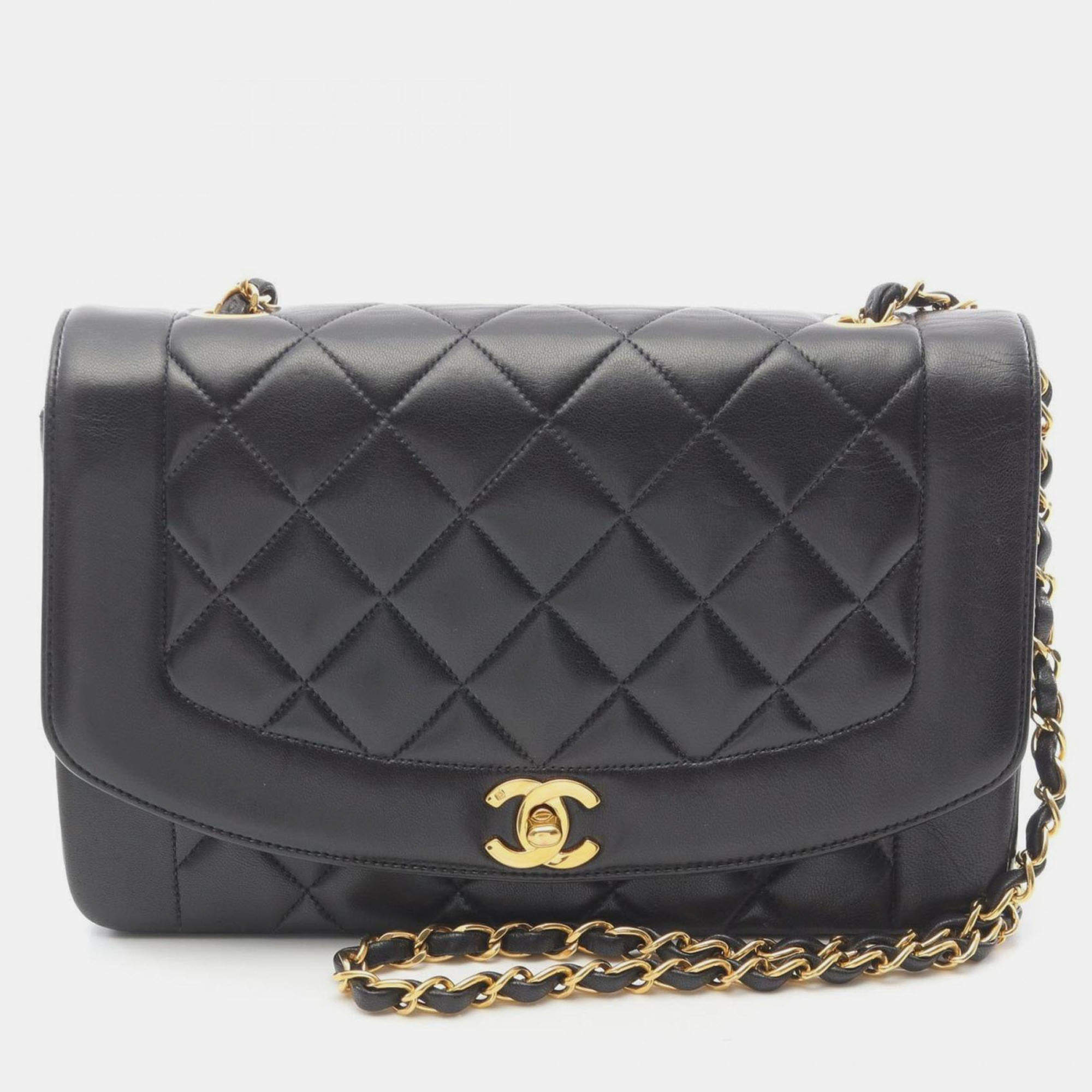Pre Owned Chanel Matelasse Diana Flap Shoulder Bag Lambskin (Sheepskin) Black