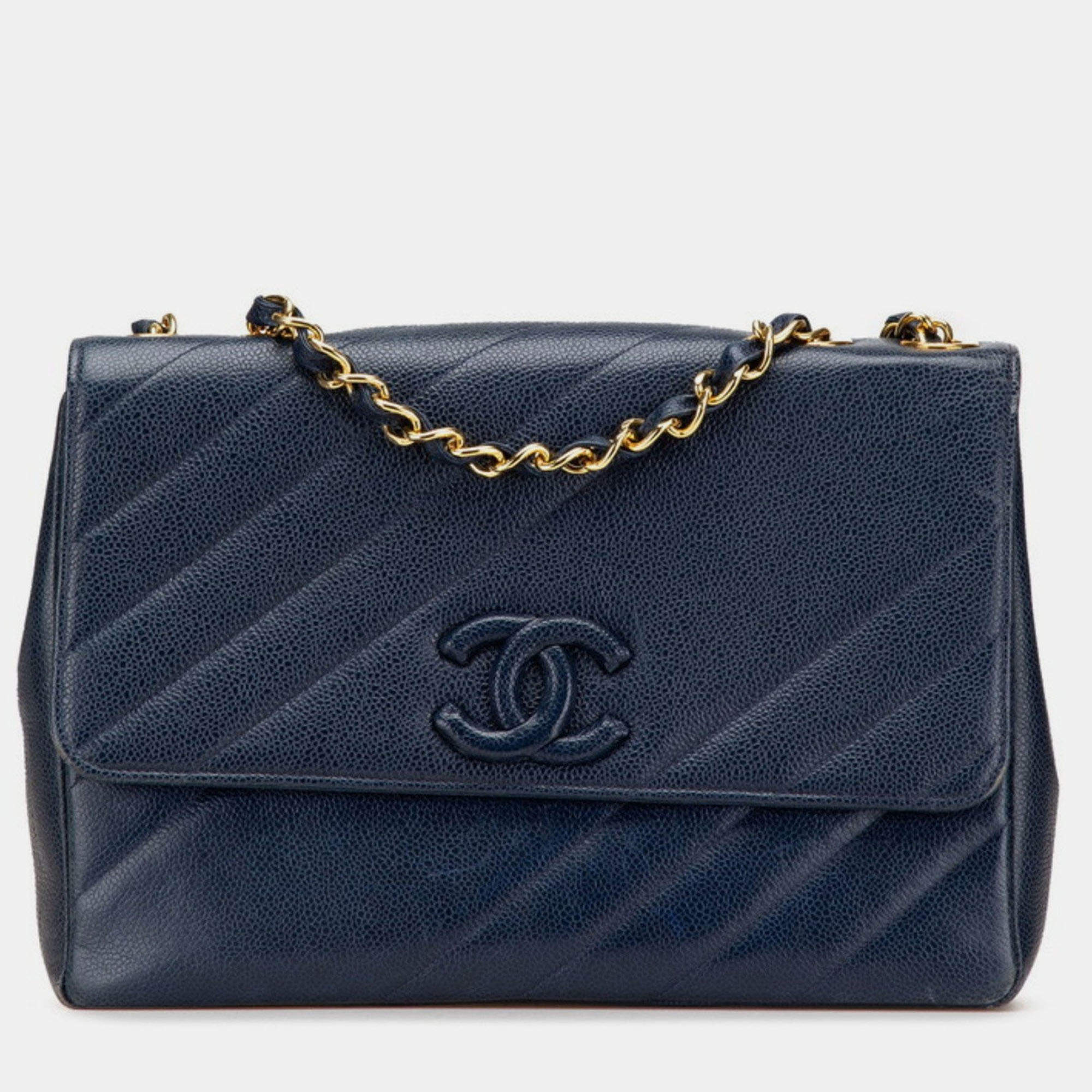 Pre Owned Chanel Coco Mark Bias Stitch Chain Shoulder Bag In Navy Caviar Leather