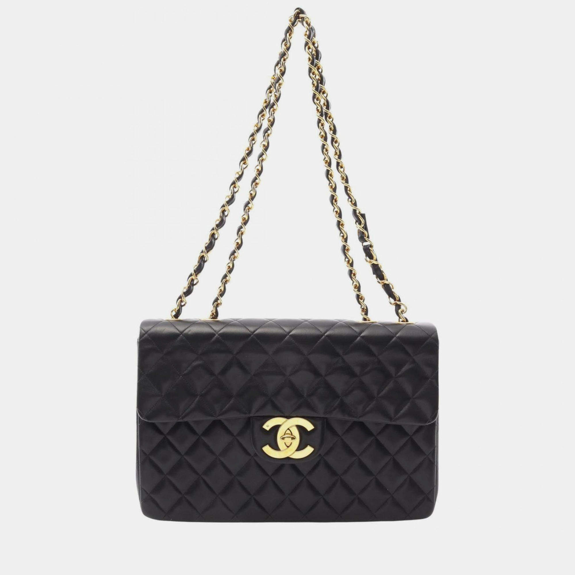 Pre Owned Chanel Deca Matelasse 34 Shoulder Bag Lambskin Leather Black