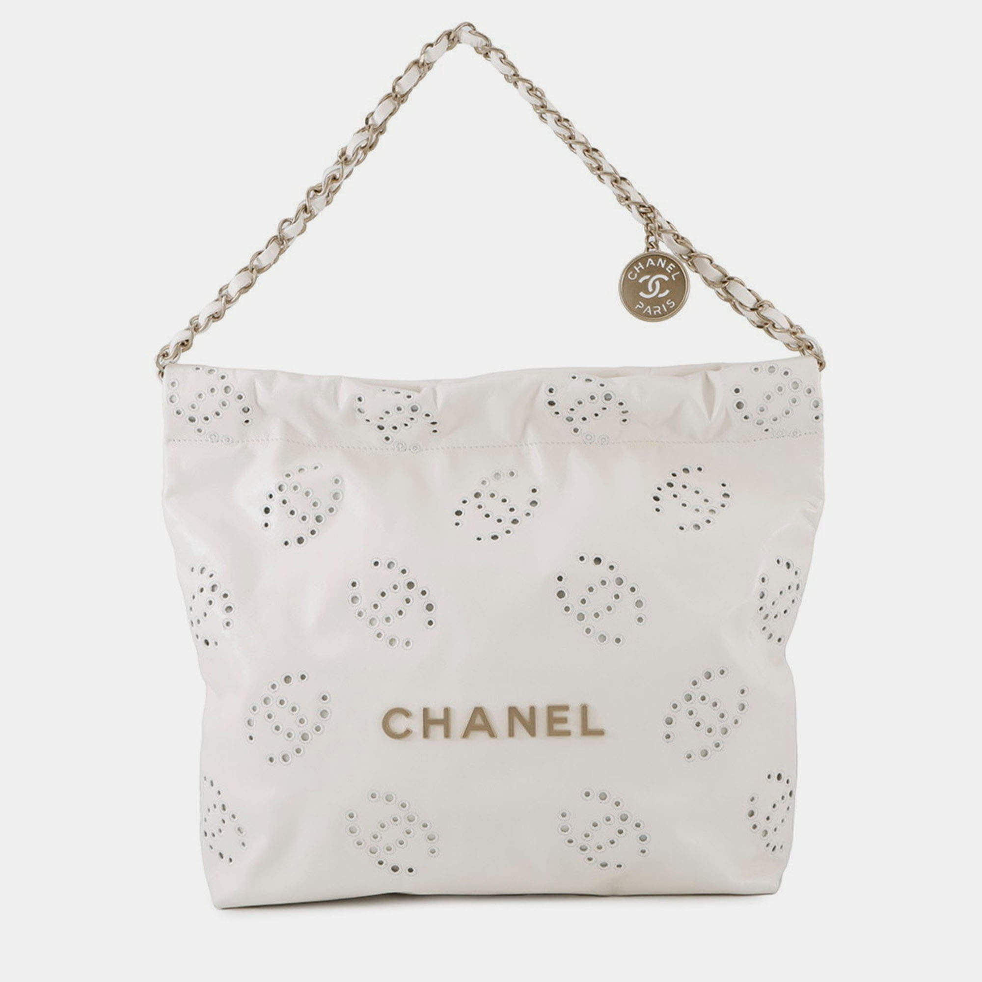 مملوكة مسبقًا Chanel 22 Matelasse Perforated Small Handbag In Shiny Calfskin Leather White