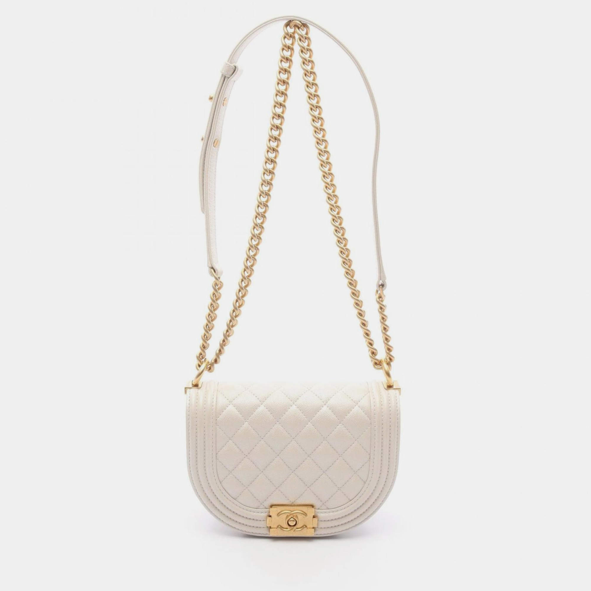 Pre Owned Chanel Boy Chanel Small Shoulder Bag In Grained Calfskin Caviar Leather (White)