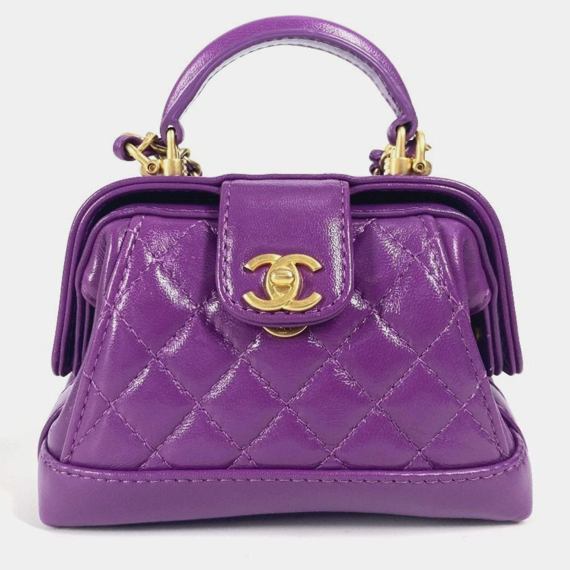 Pre Owned Chanel Quilted Matelasse Cc Coco Mark Chain Clutch Mini Shoulder Bag Leather Purple