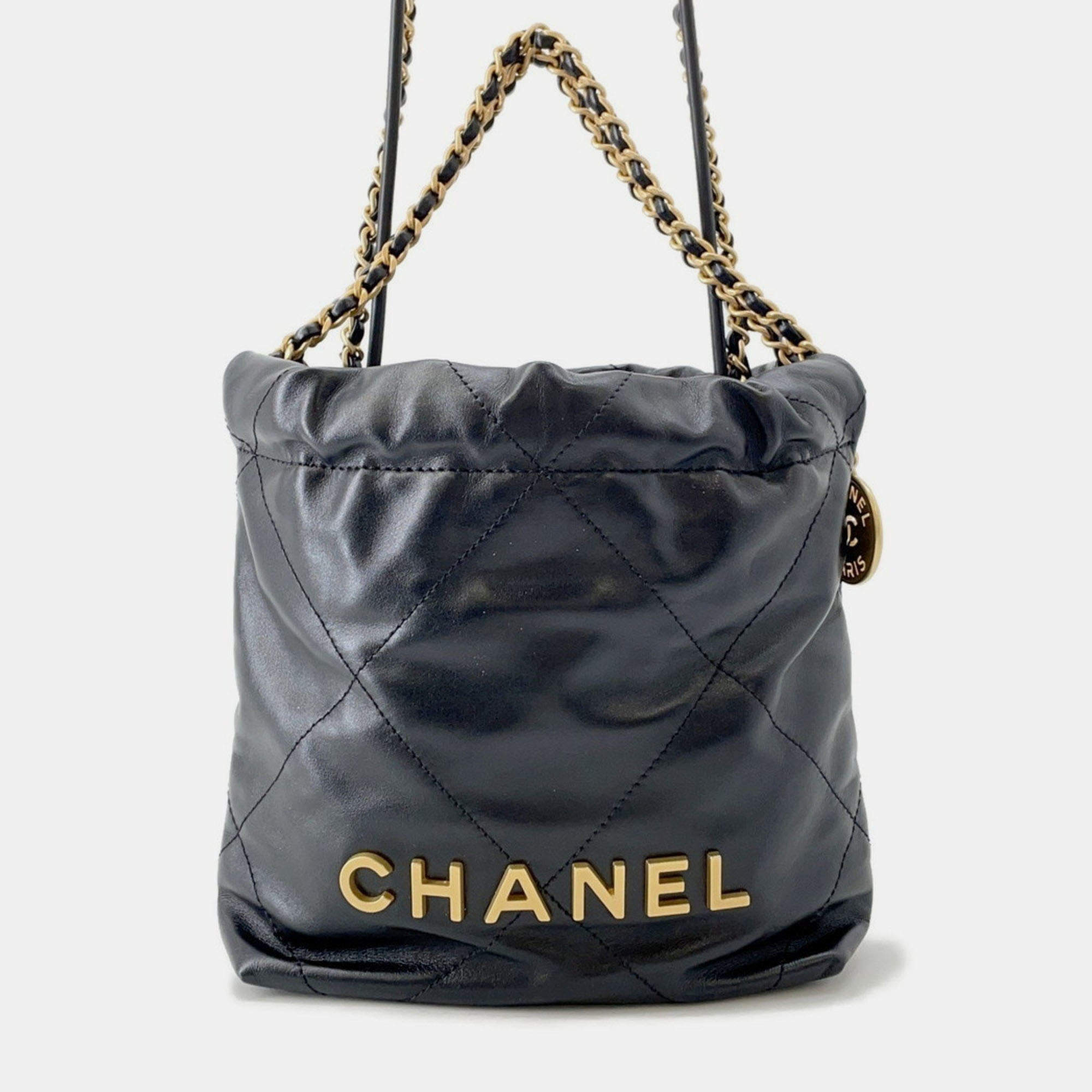 Pre Owned Chanel 22 Mini Handbag With Coco Mark Shiny Calfskin Leather Black