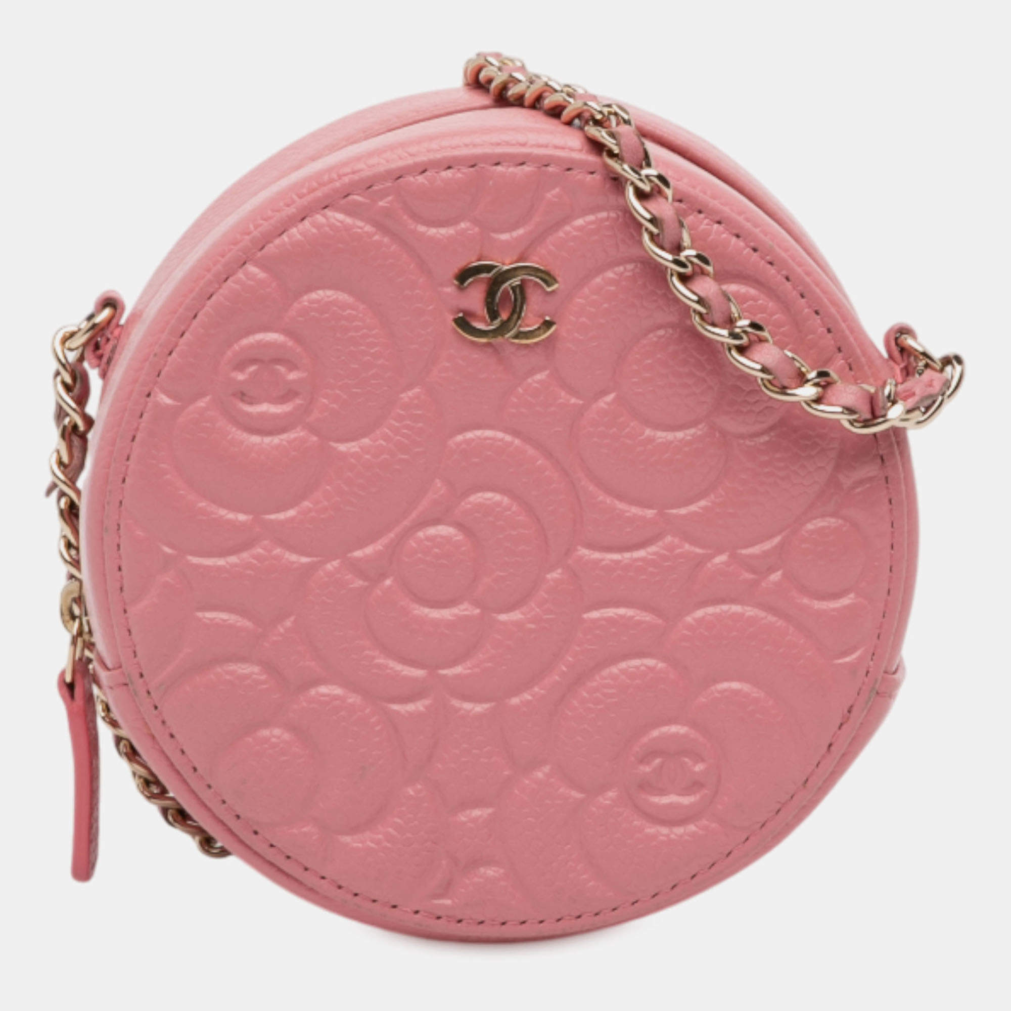 Pre Owned Chanel Pink CC Embossed Caviar Camellia Round Clutch With Chain