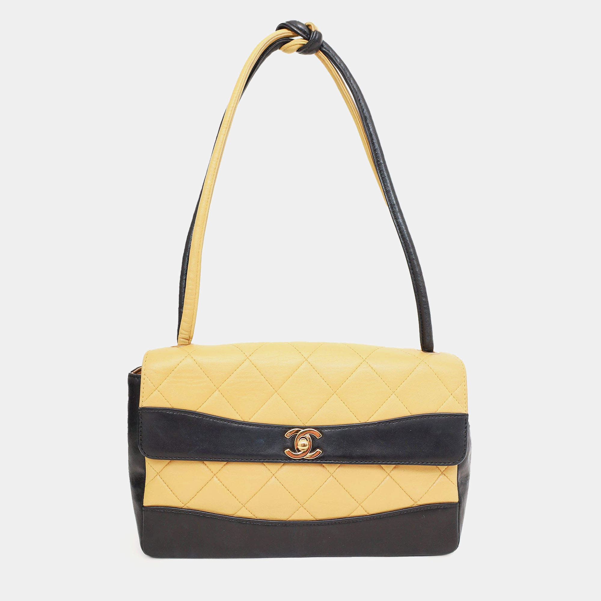 Pre Owned Chanel 2000-02 Black/Yellow Quilted Lambskin Tie Knot Flap Bag