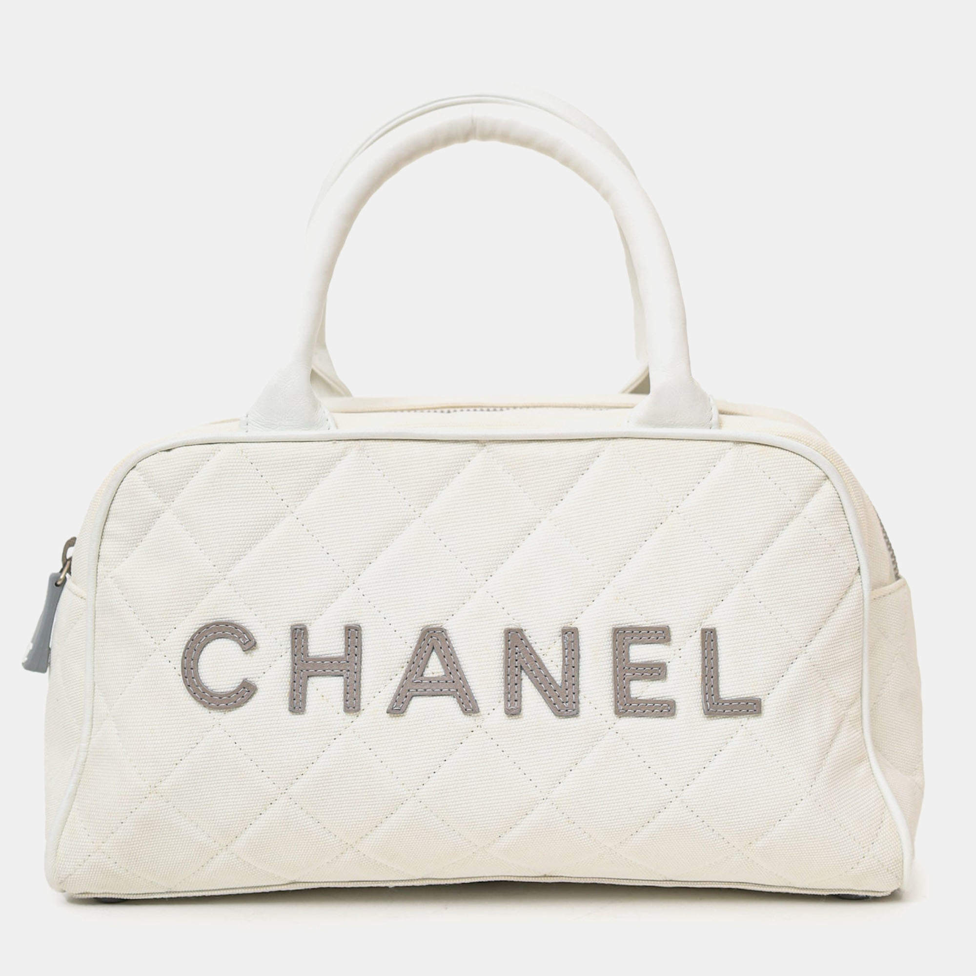 Pre Owned Chanel 2000-02 White Canvas Mini Bowler Bag