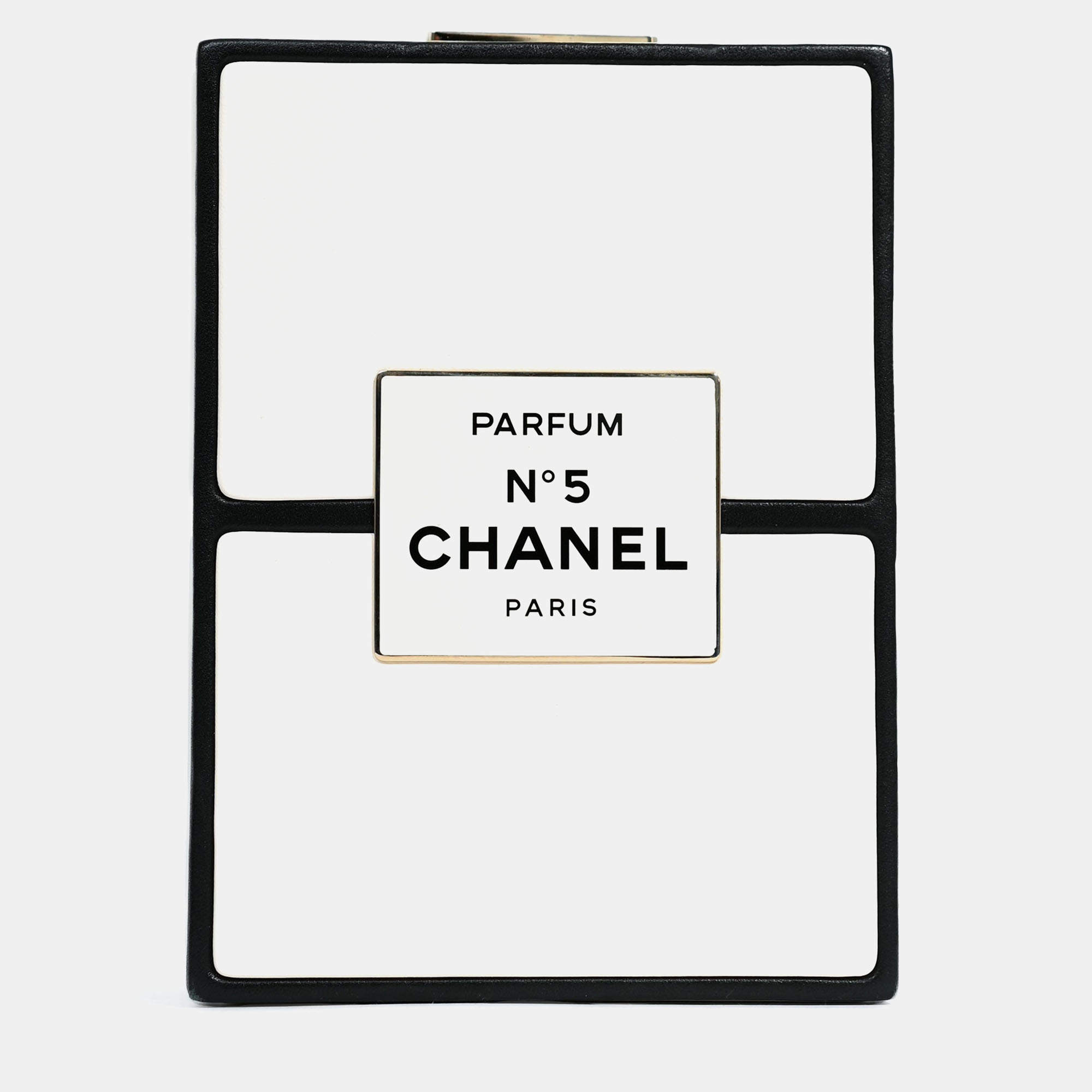Pre Owned Chanel Black/White Leather No. 5 Perfume Clutch Evening Clutch