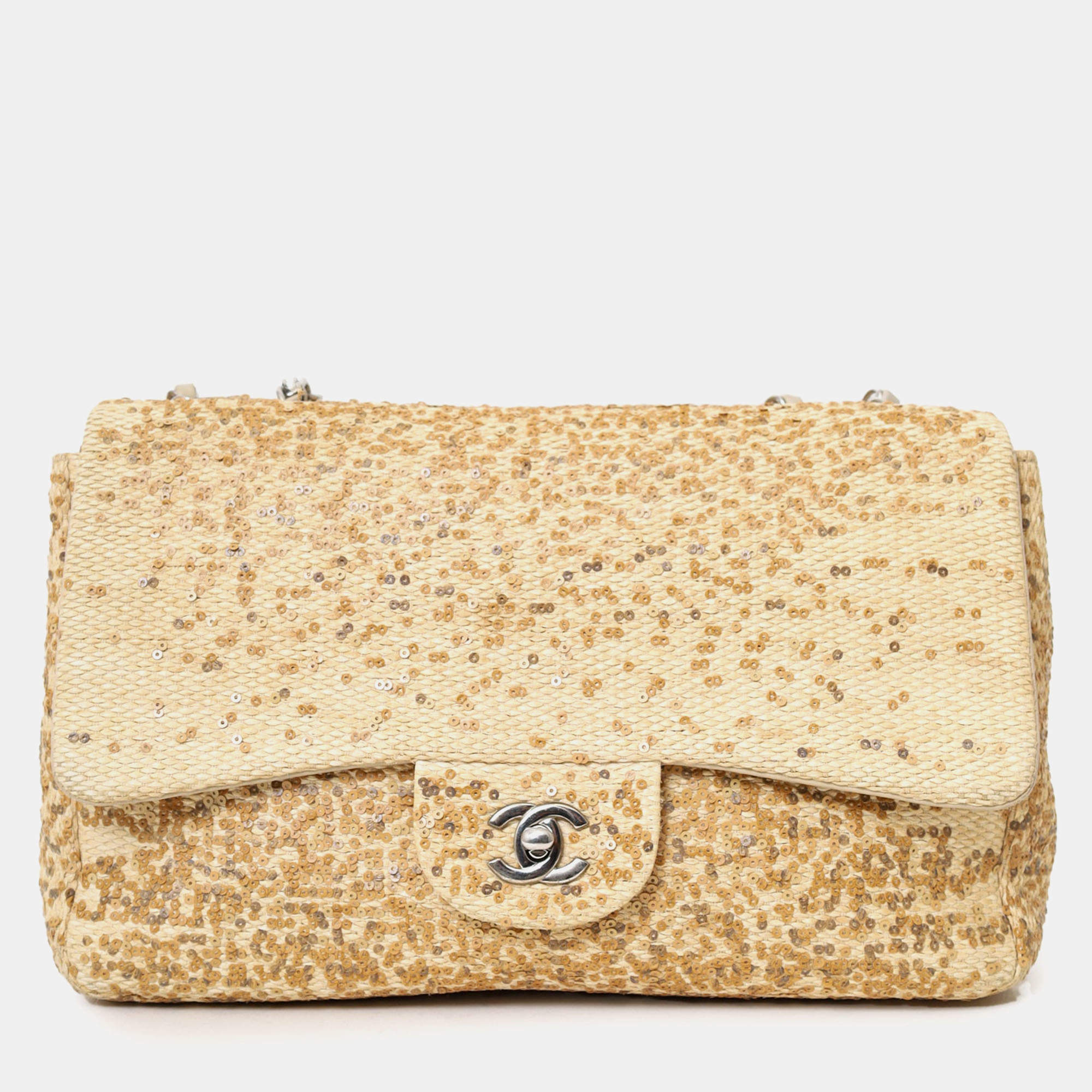 مملوكة مسبقًا Chanel 2013-14 Beige Raffia Sequin Small Single Flap Bag