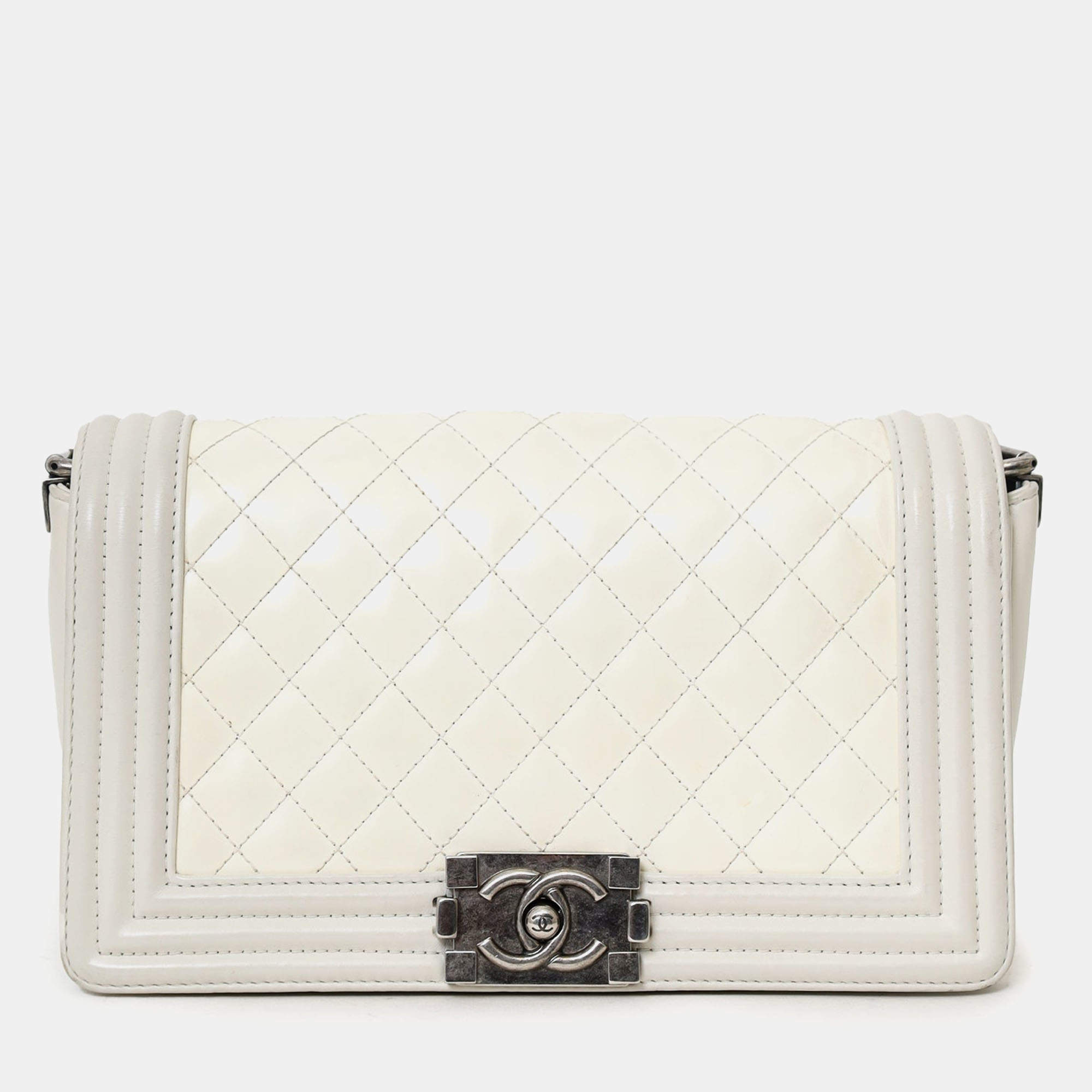 Pre Owned Chanel 2012 Limited Edition White Leather Medium Boy Bag with Metal Strap