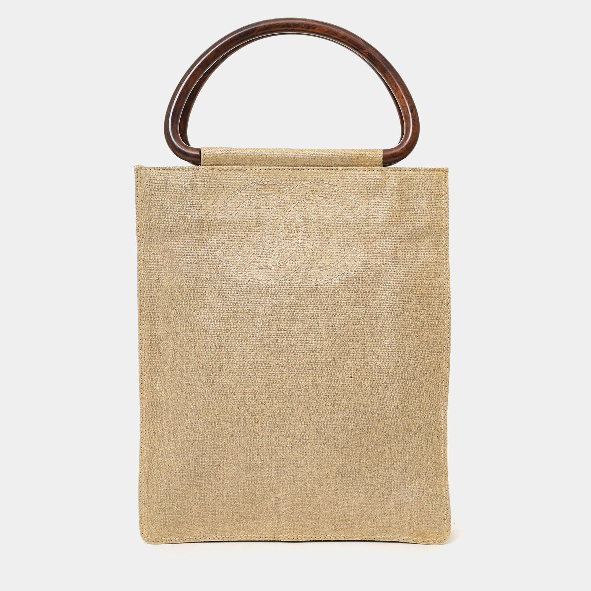 Pre Owned Chanel 2000-02 Beige CC Stitched Woven Linen Wood Handle Tote Bag